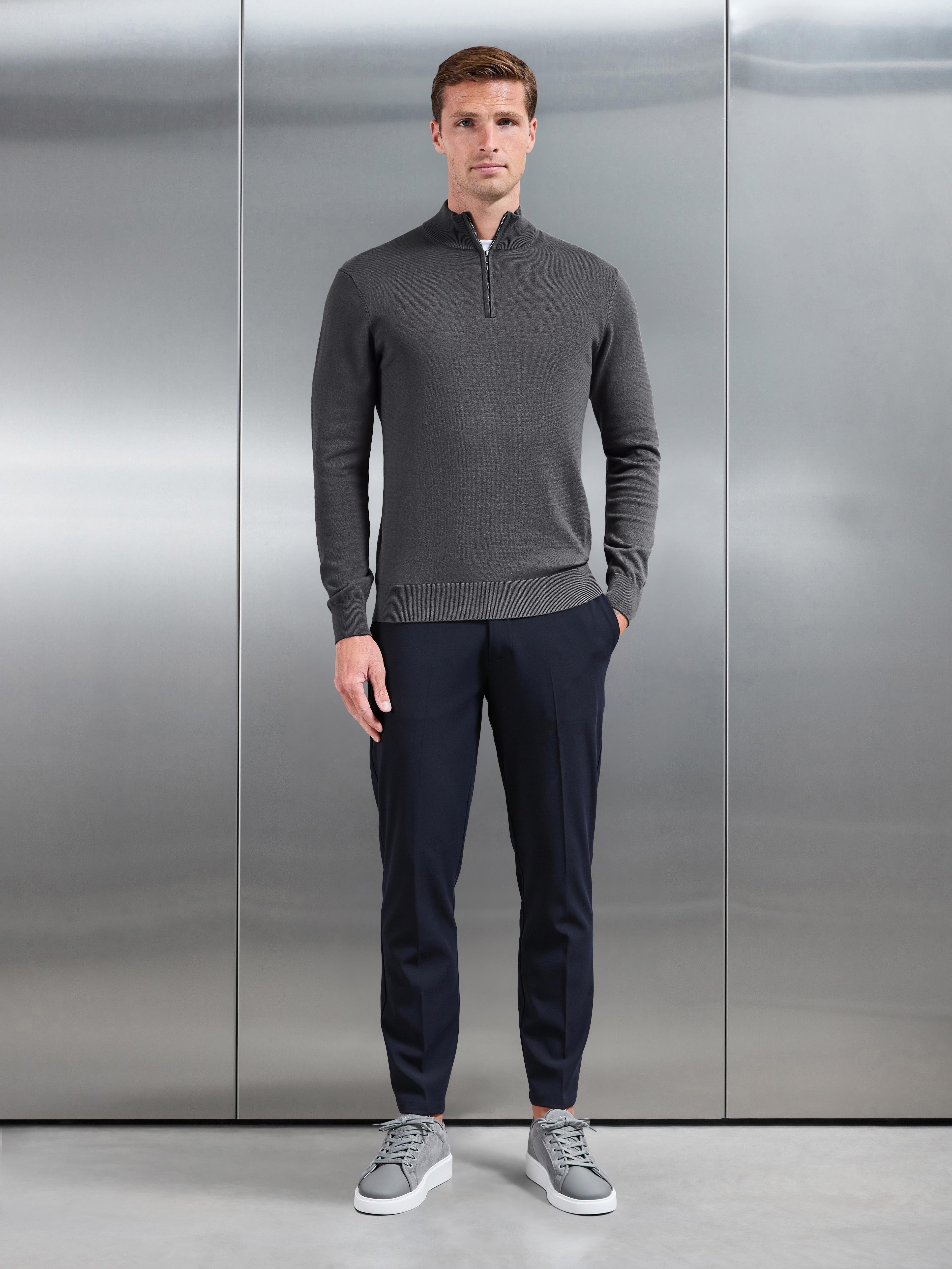 Cotton Knitted Half Zip Jumper in Grey
