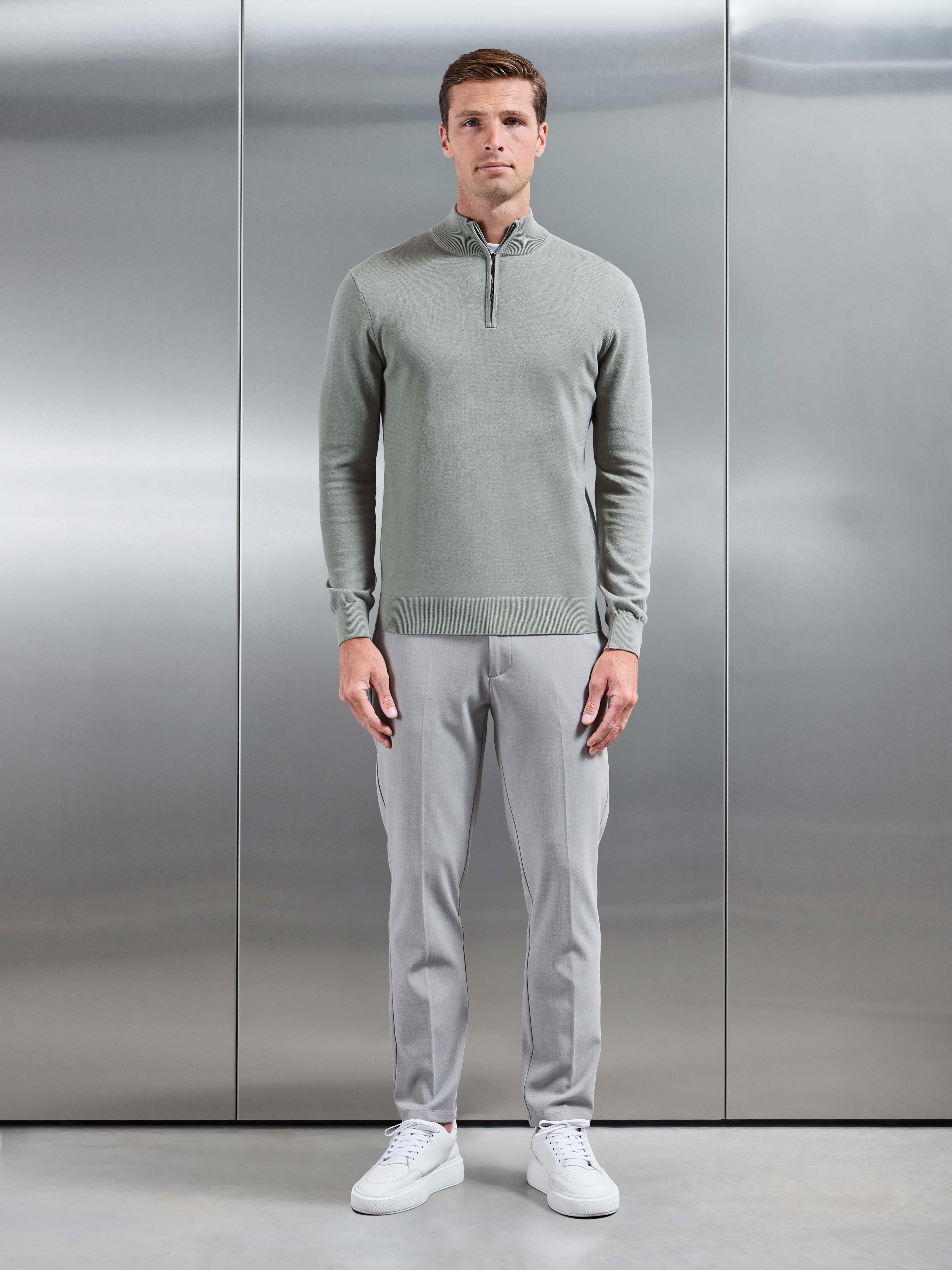 Cotton Knitted Half Zip Jumper in Light Sage