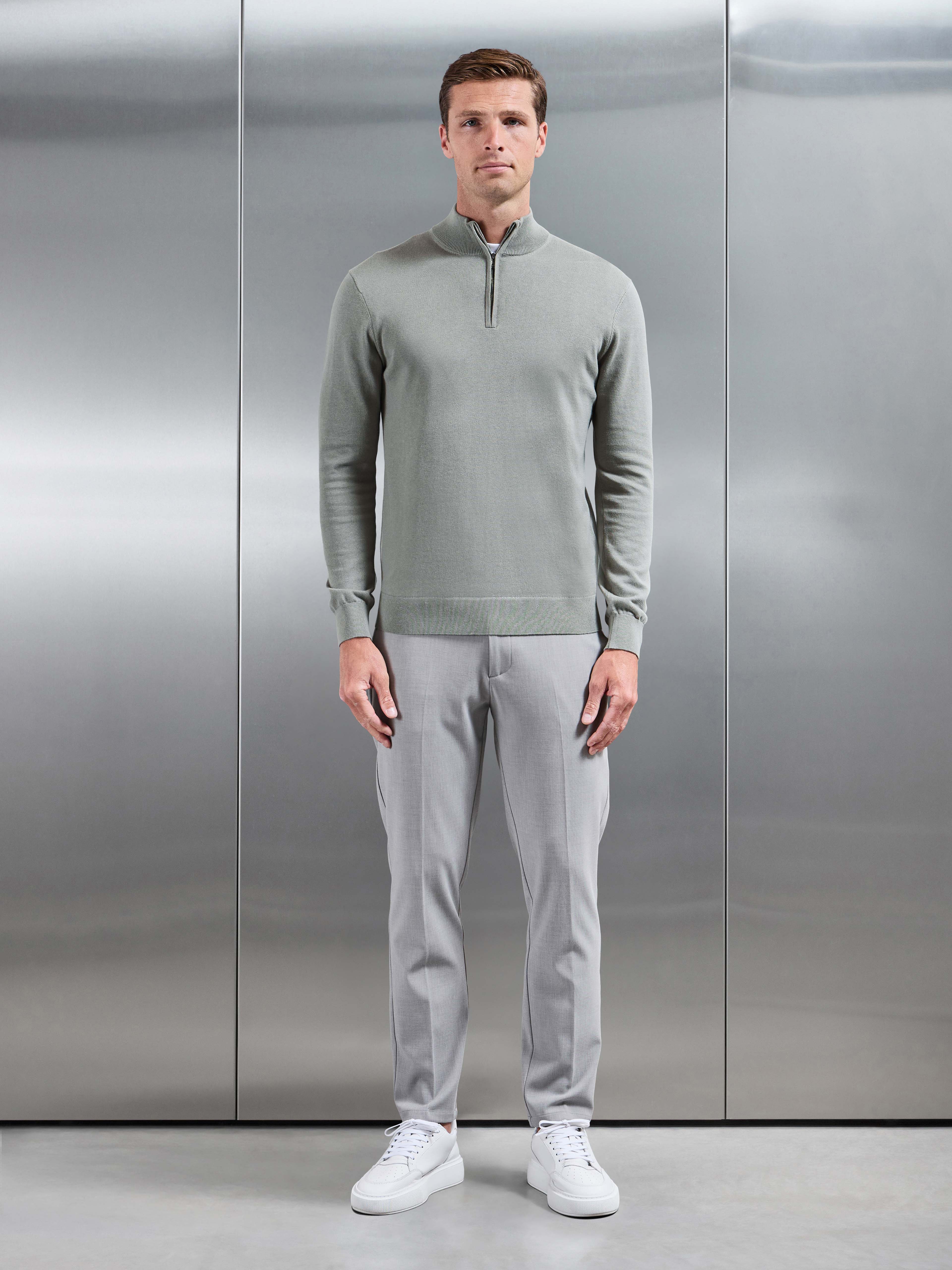 Cotton Knitted Half Zip Jumper in Light Sage