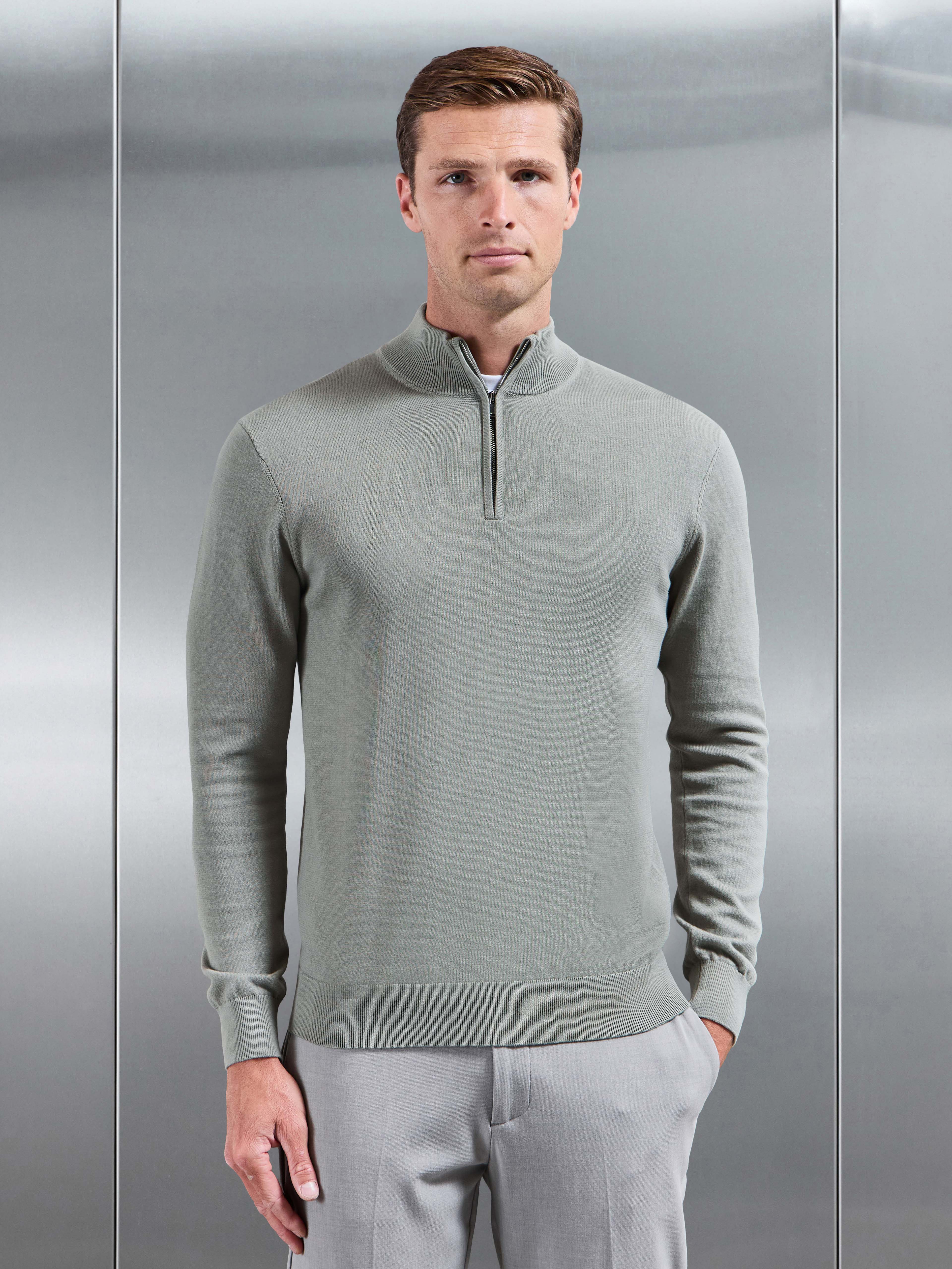 Cotton Knitted Half Zip Jumper in Light Sage