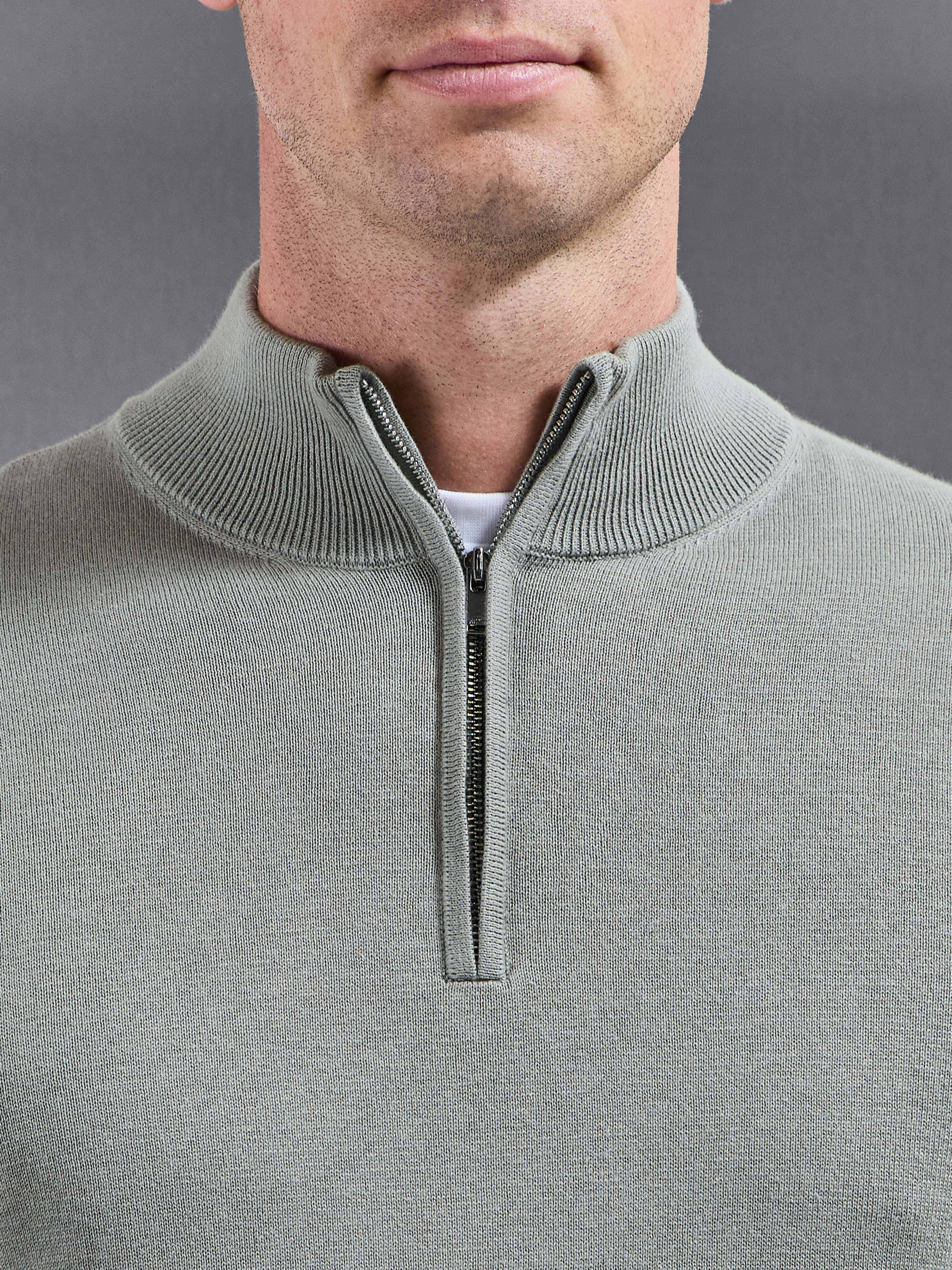 Cotton Knitted Half Zip Jumper in Light Sage