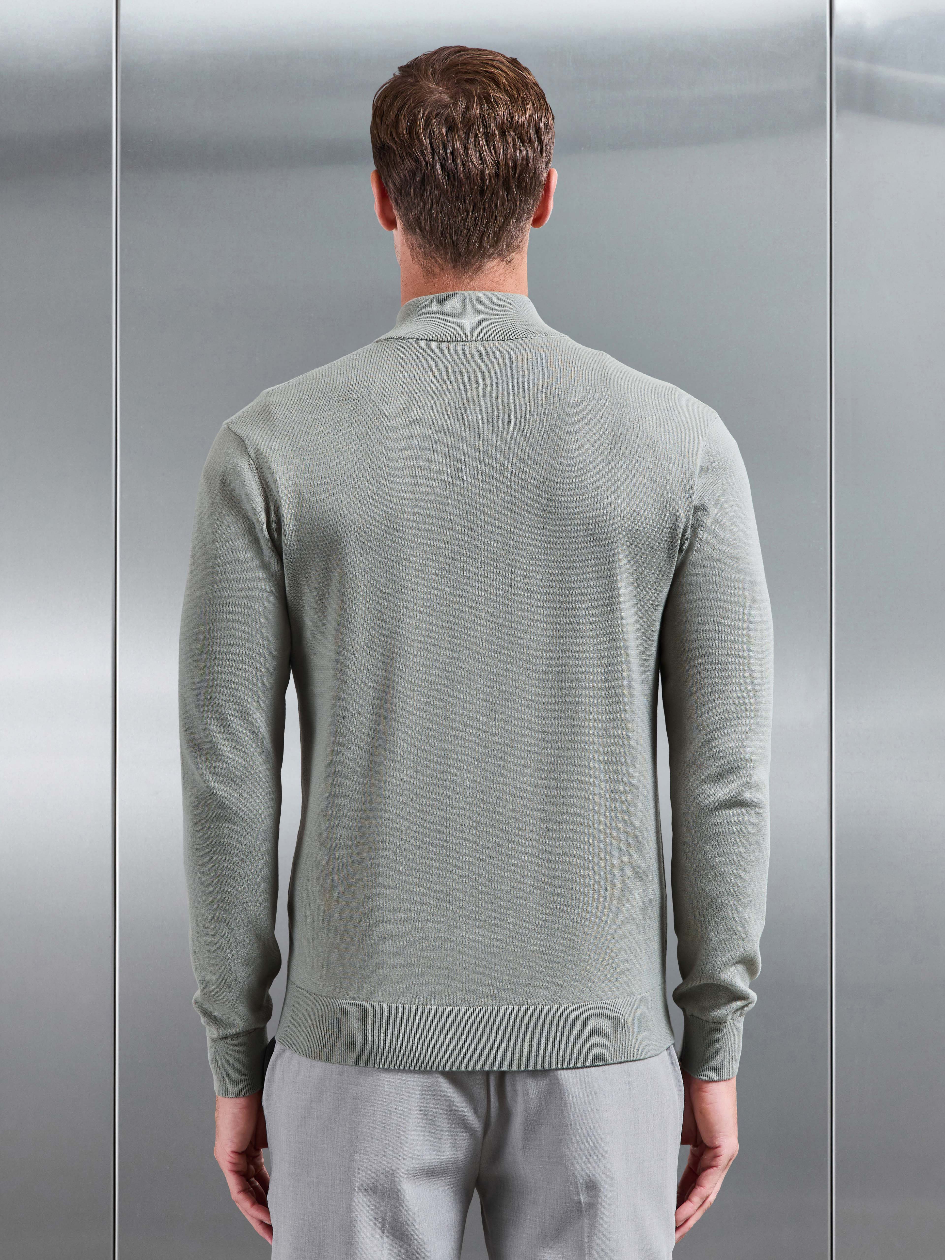Cotton Knitted Half Zip Jumper in Light Sage
