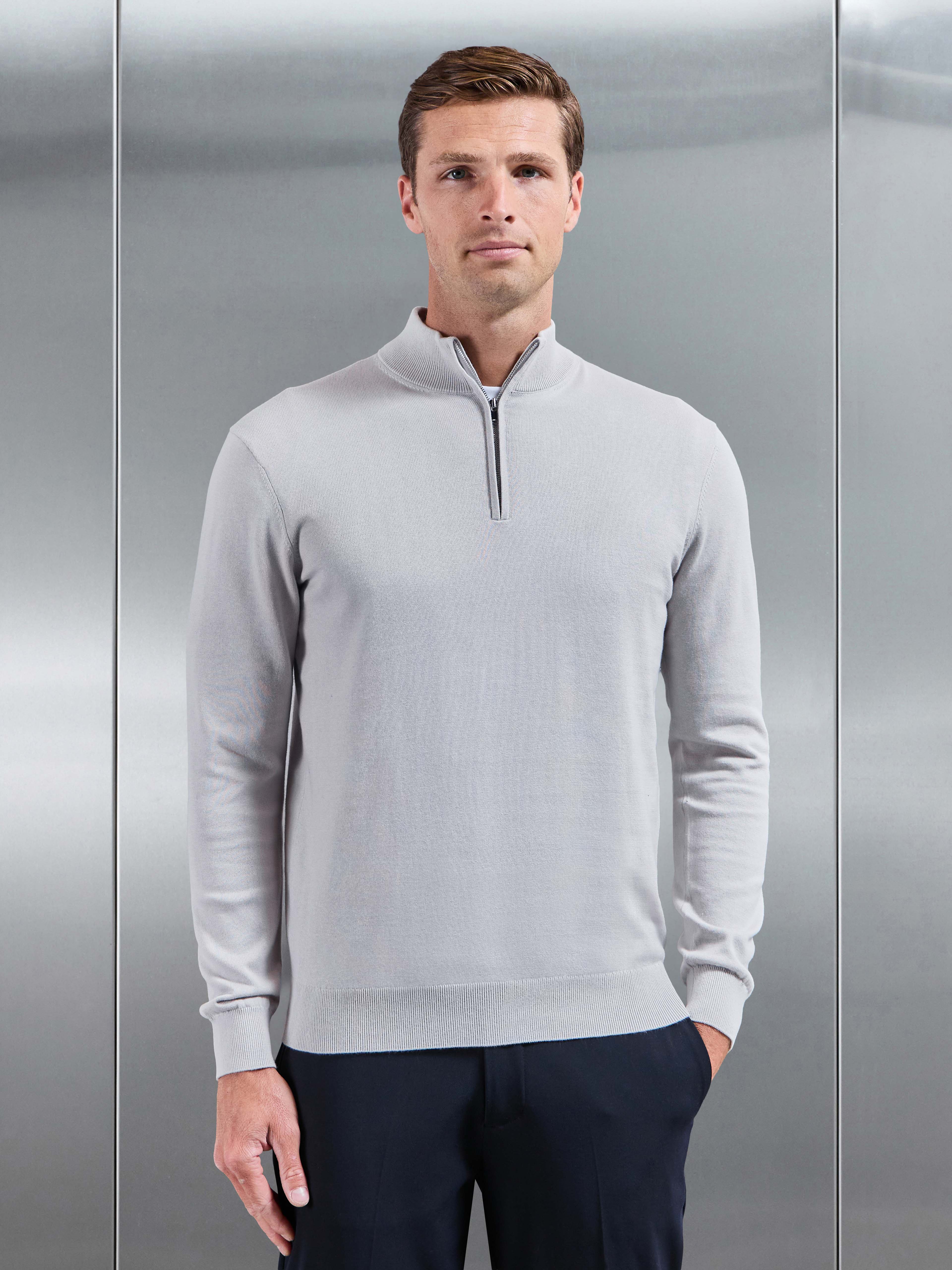 Cotton Knitted Half Zip Jumper in Mid Grey