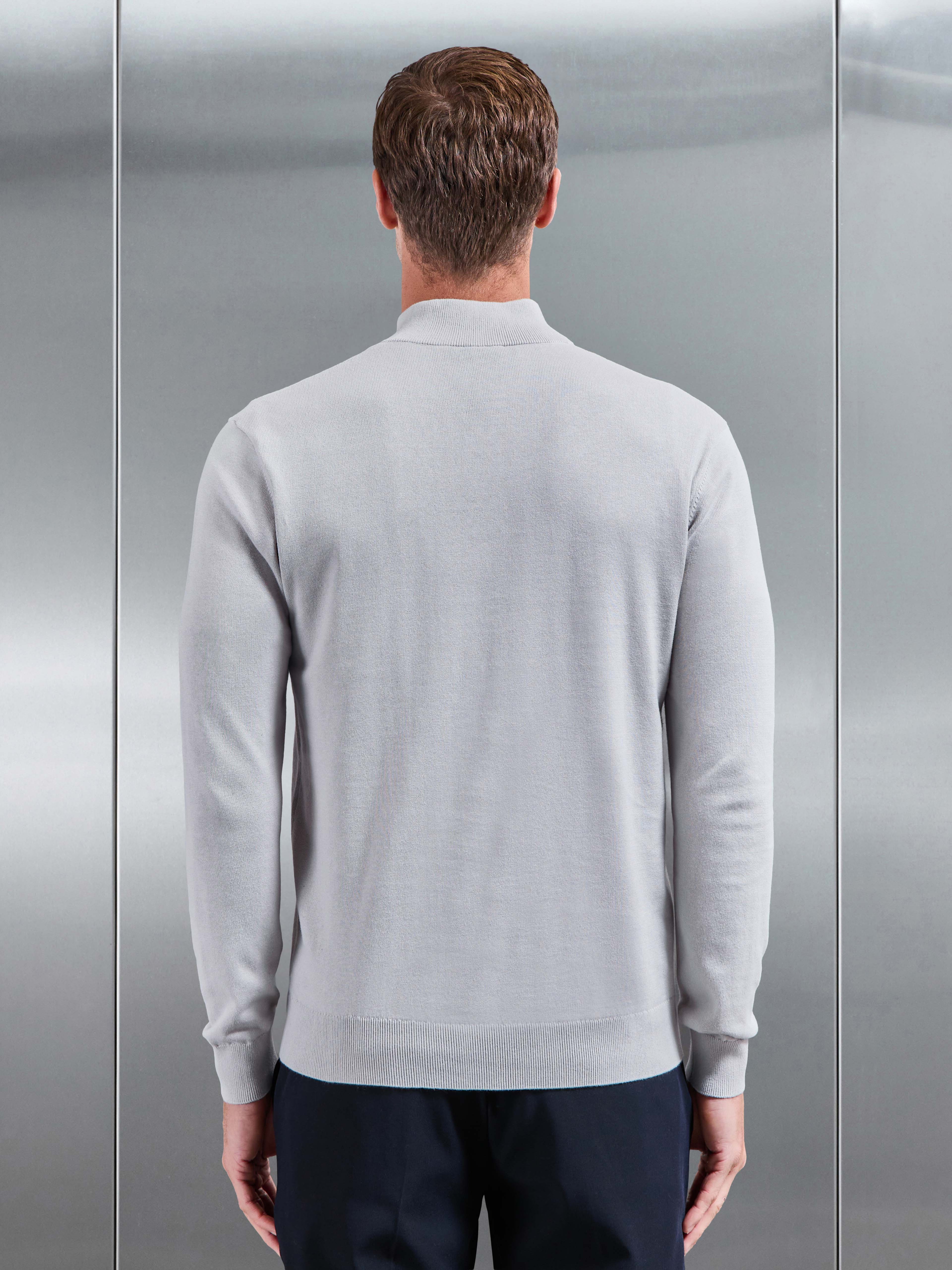 Cotton Knitted Half Zip Jumper in Mid Grey