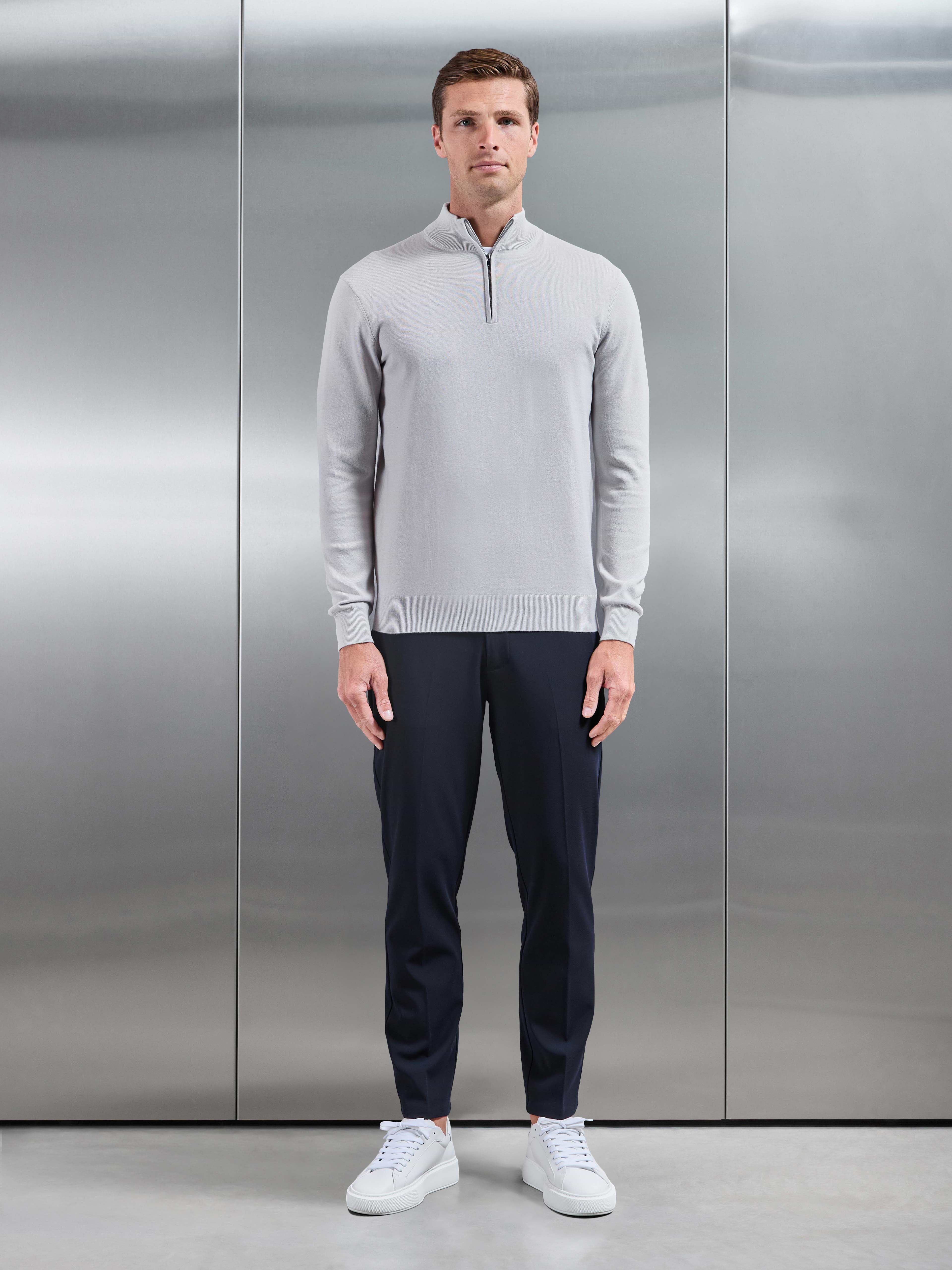 Cotton Knitted Half Zip Jumper in Mid Grey