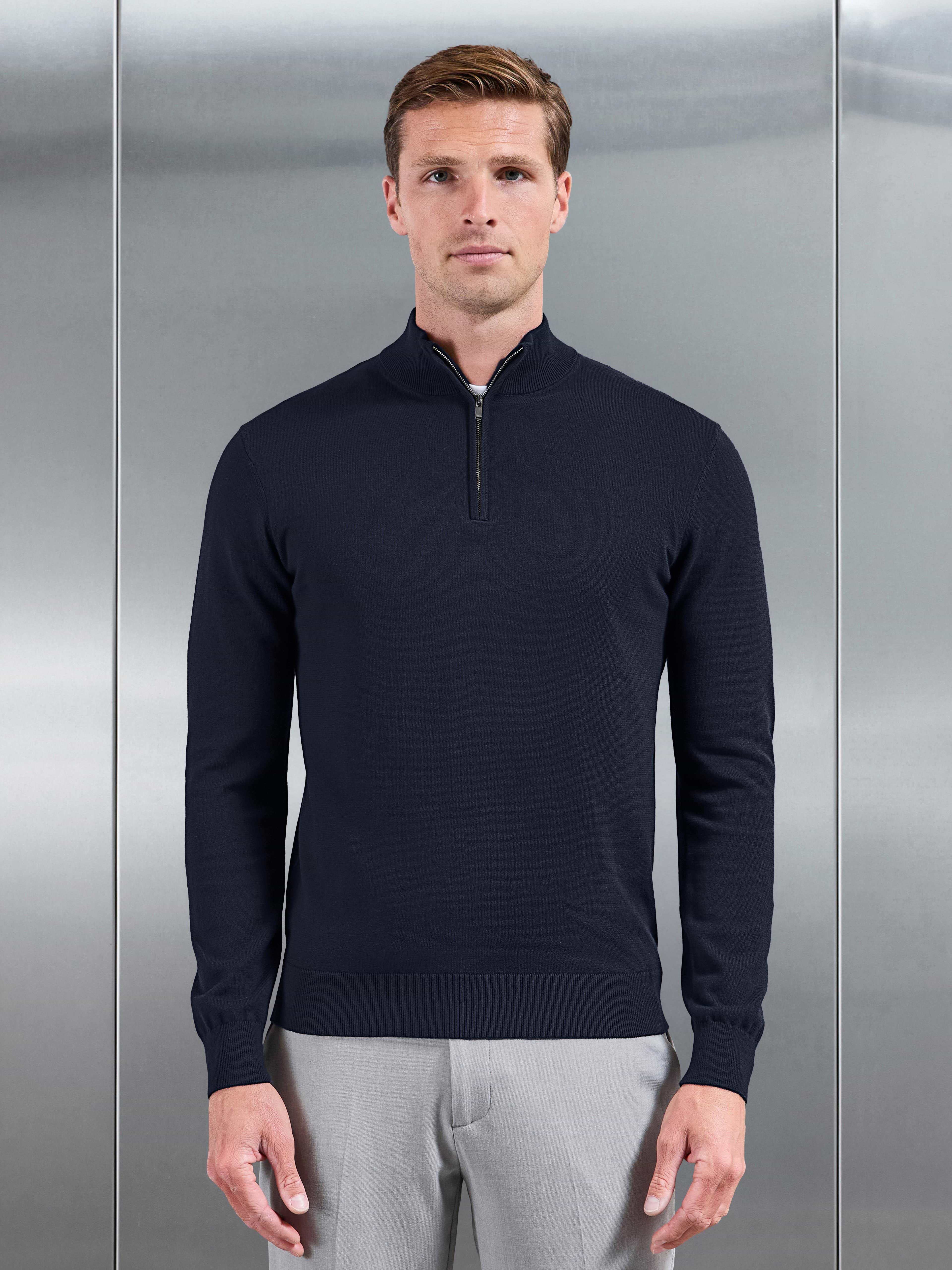Cotton Knitted Half Zip Jumper in Navy