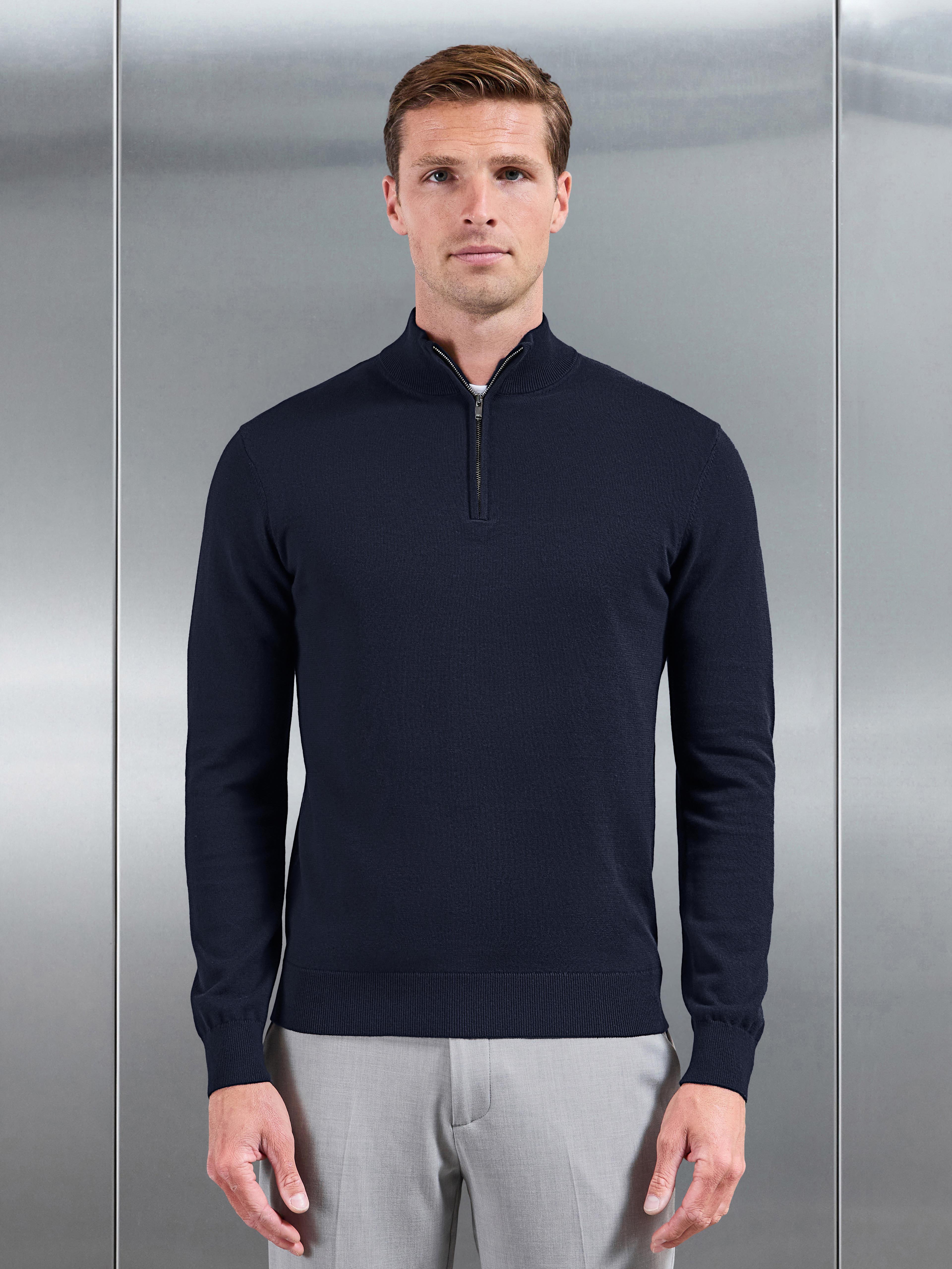 Cotton Knitted Half Zip Jumper in Navy