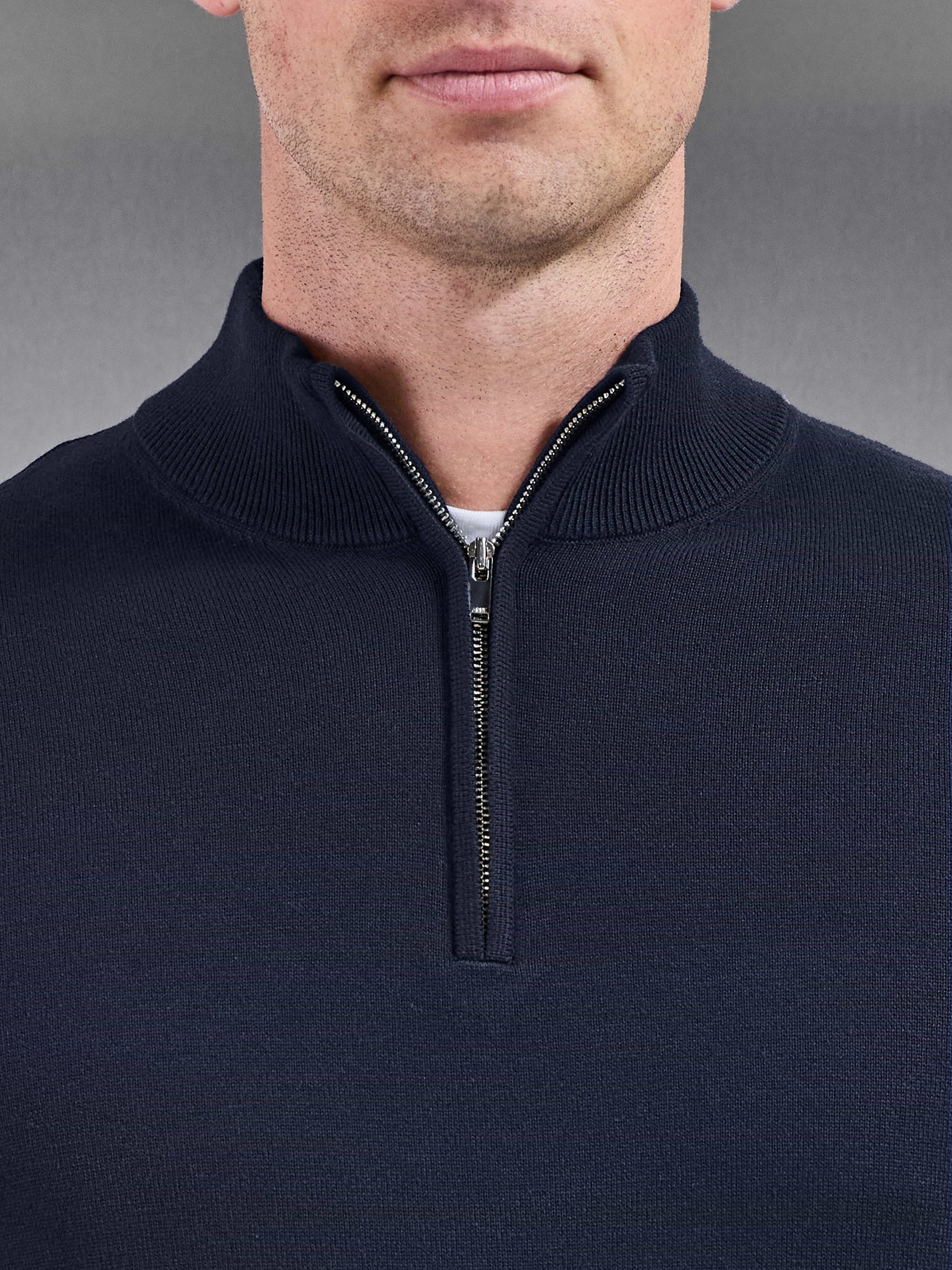 Cotton Knitted Half Zip Jumper in Navy