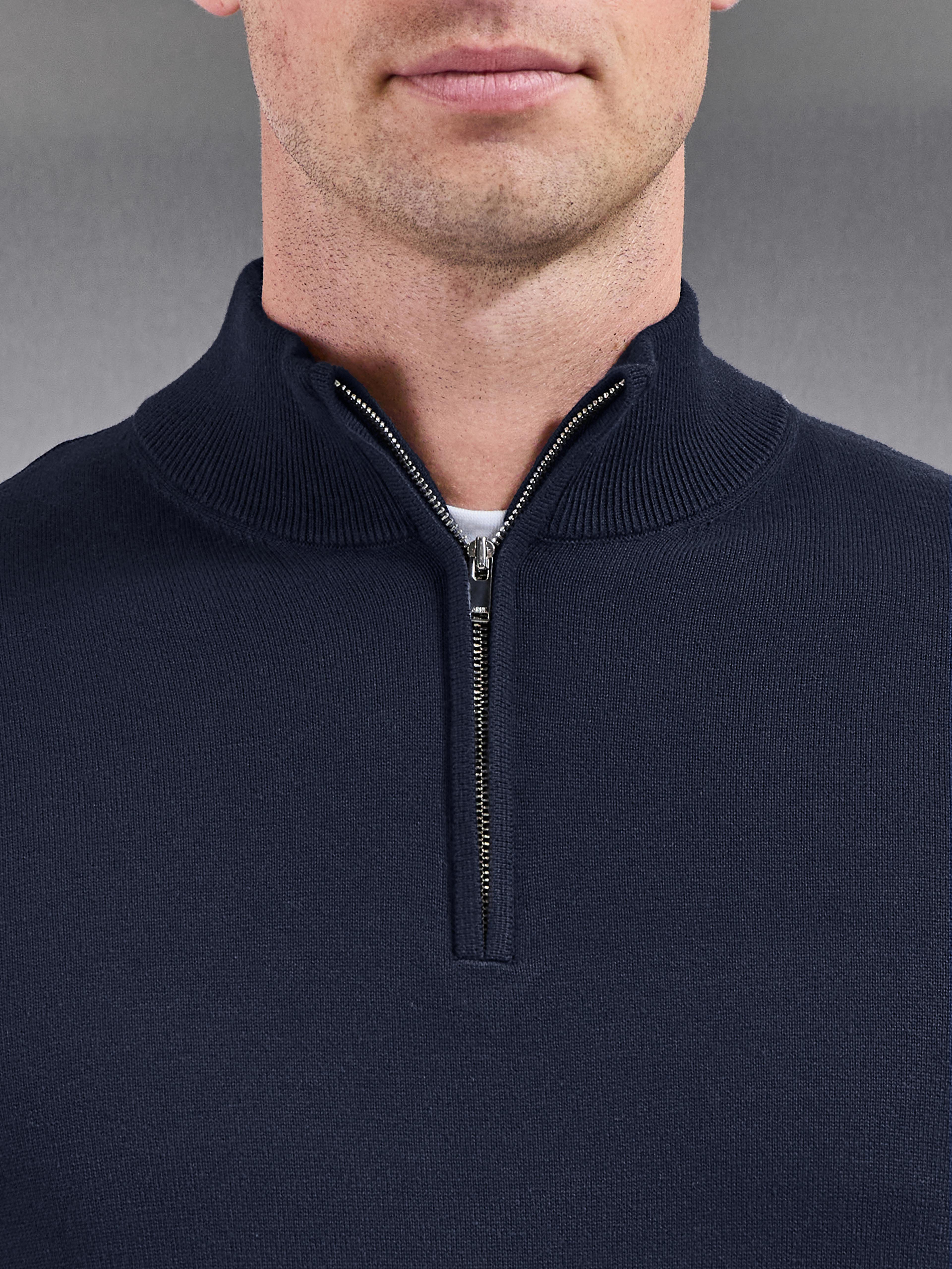 Cotton Knitted Half Zip Jumper in Navy