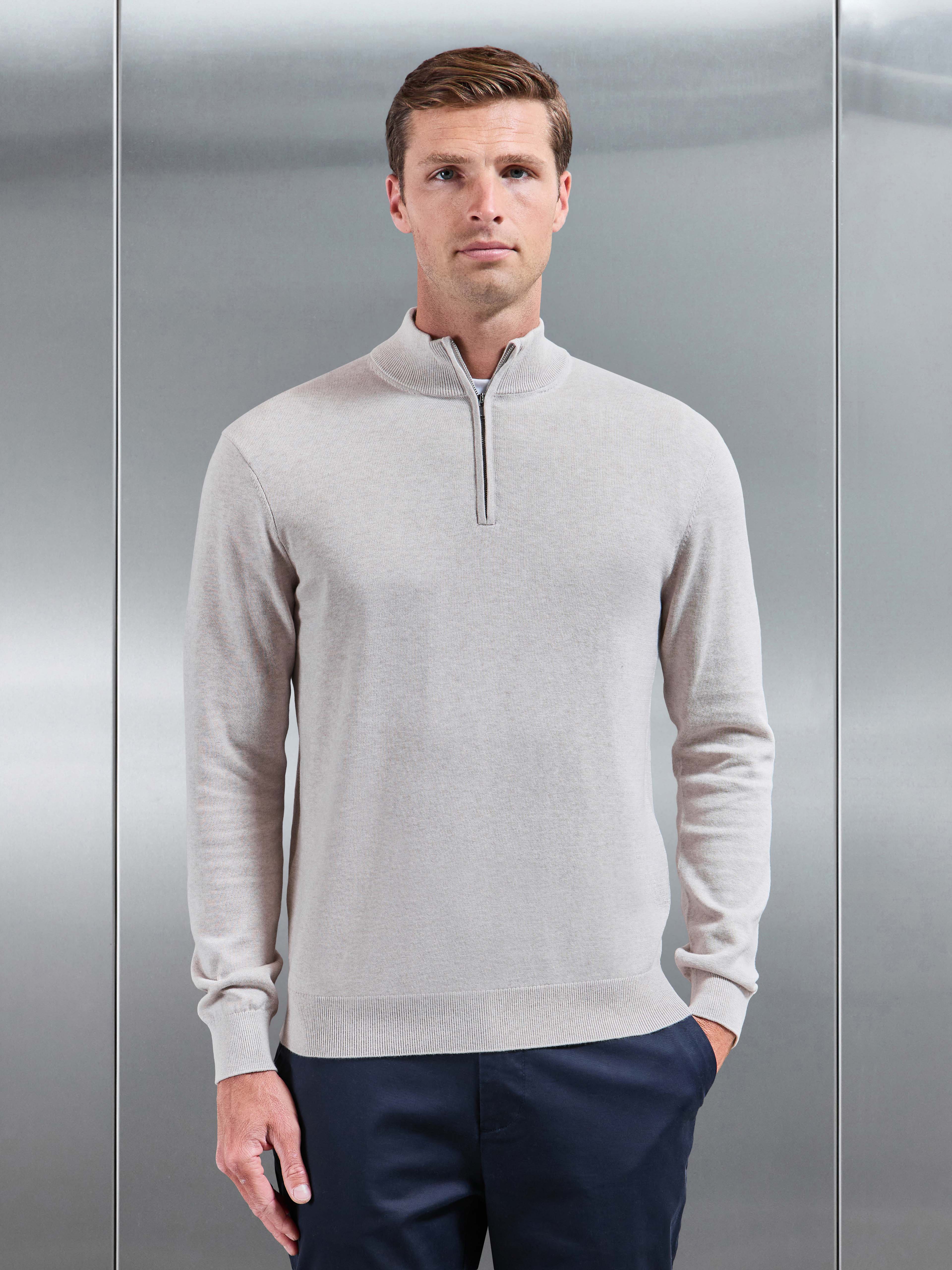 Cotton Knitted Half Zip Jumper in Oatmeal