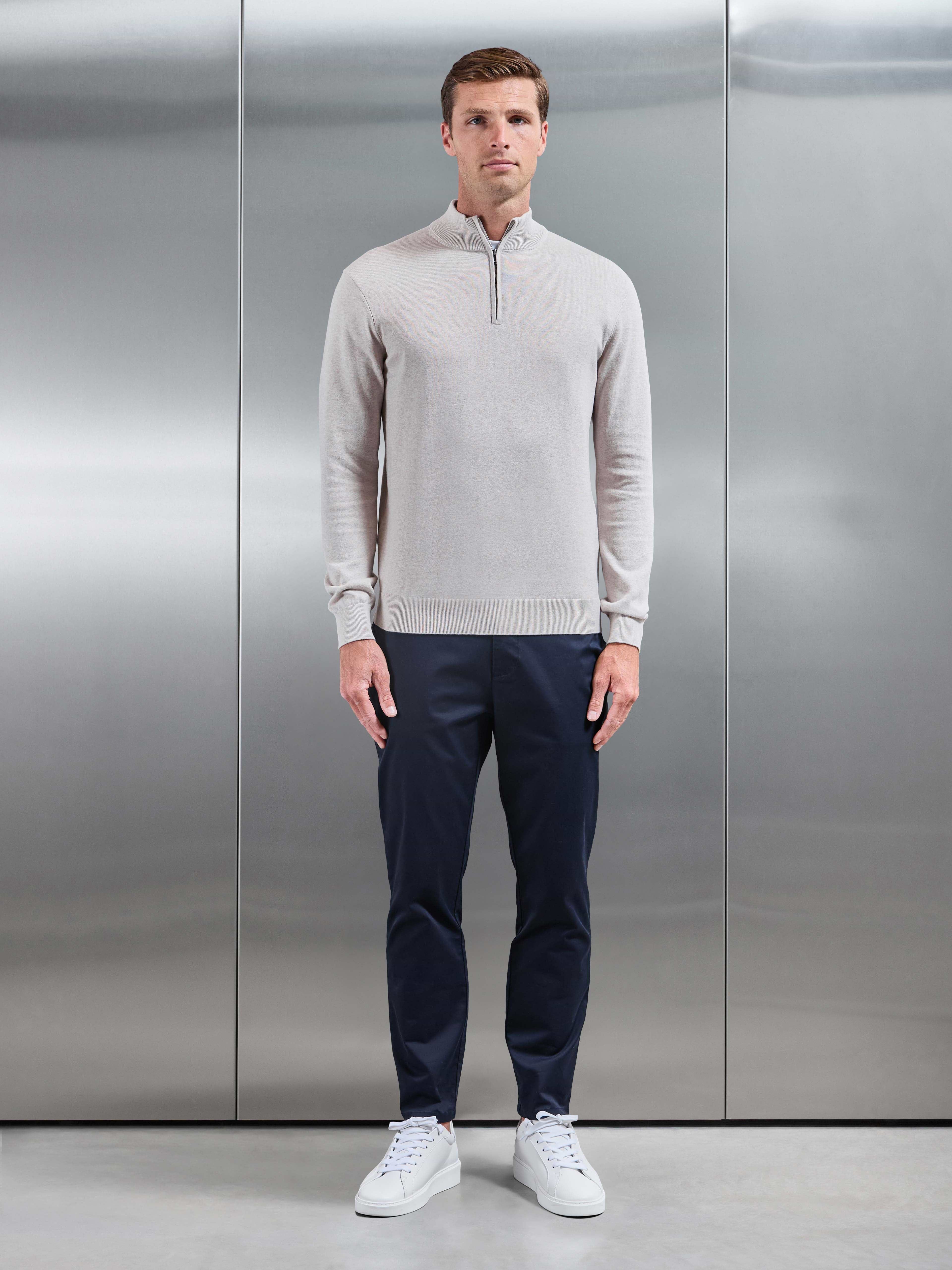 Cotton Knitted Half Zip Jumper in Oatmeal