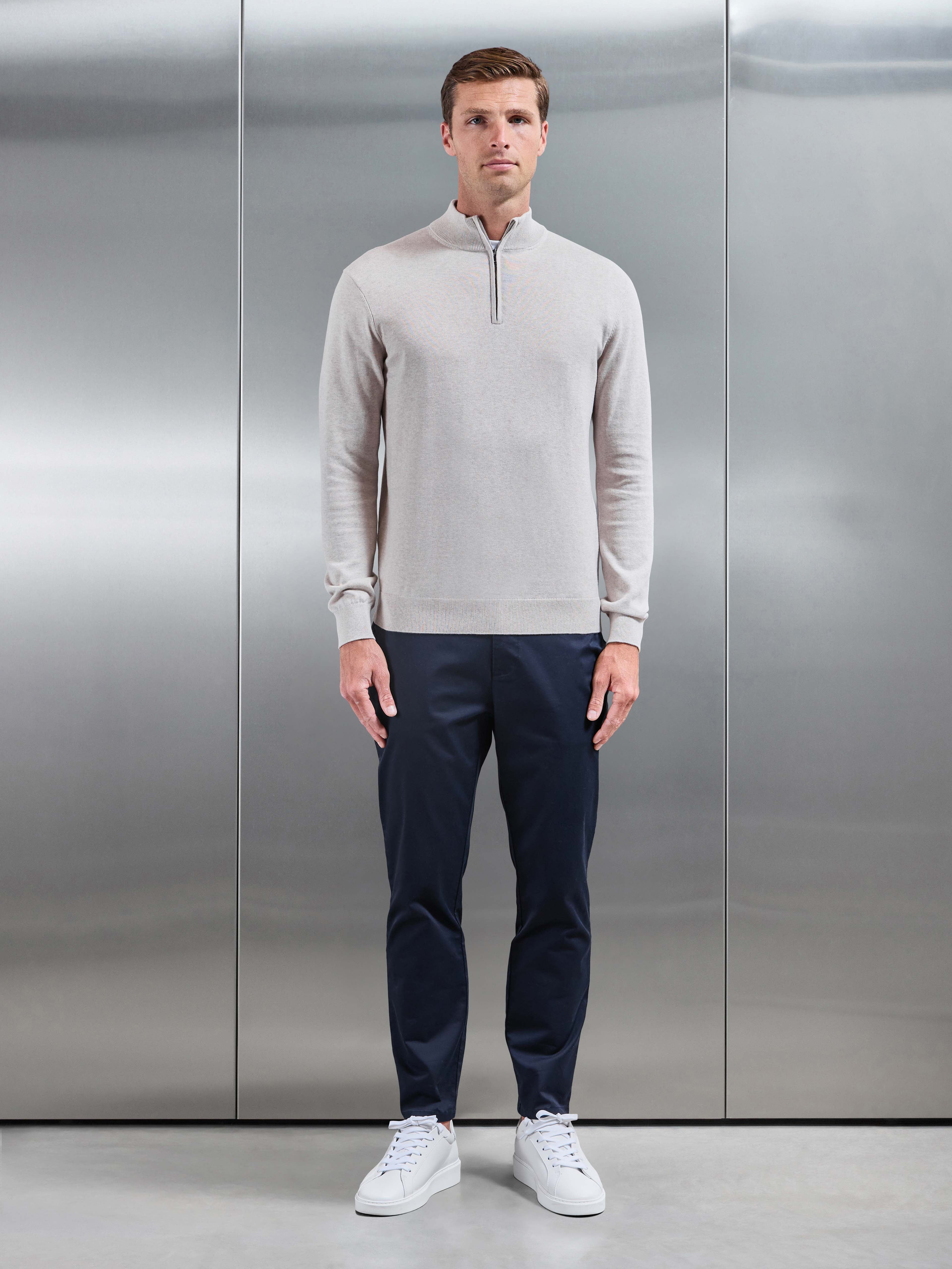 Cotton Knitted Half Zip Jumper in Oatmeal