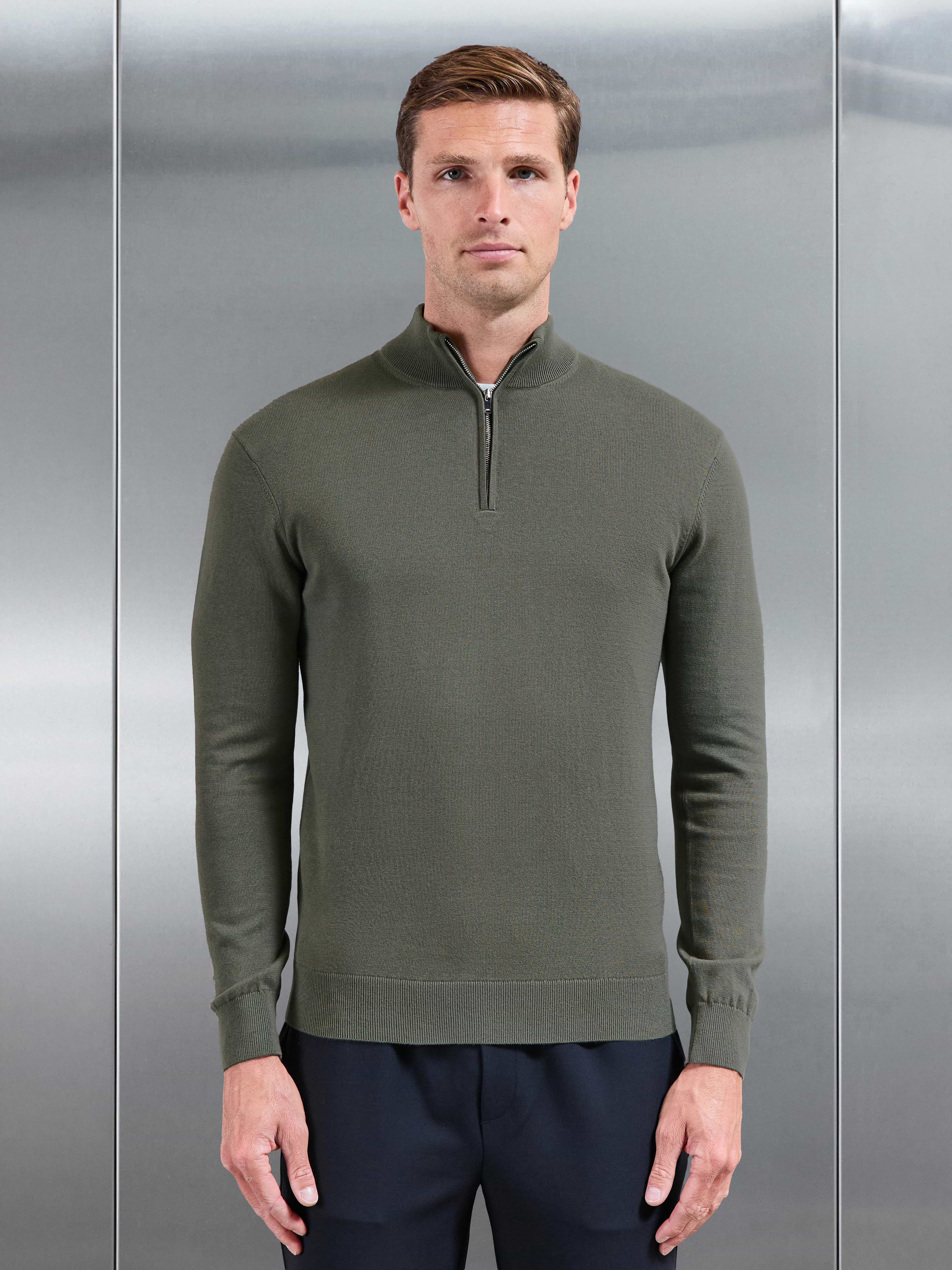 Cotton Knitted Half Zip Jumper in Sage