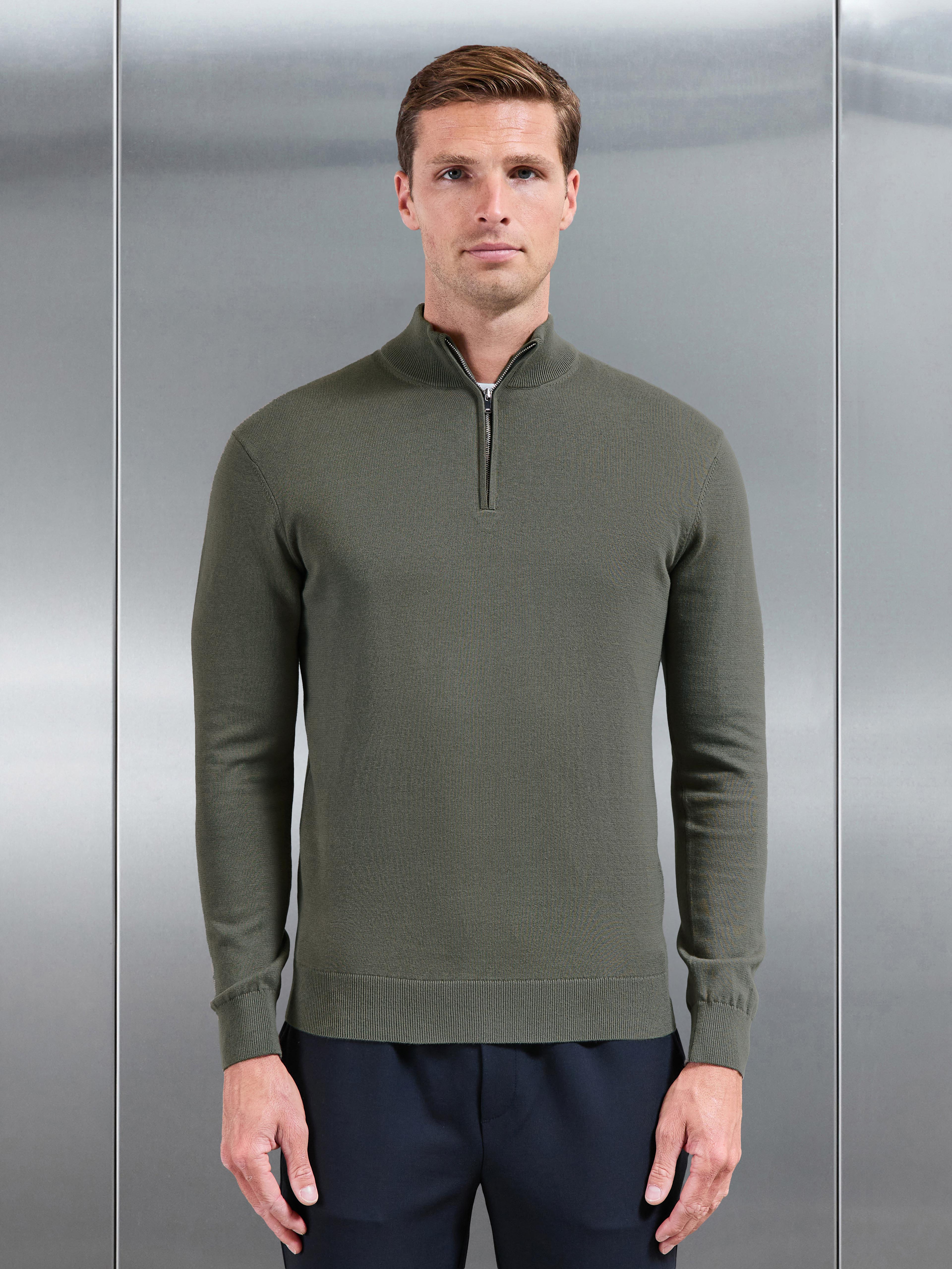 Cotton Knitted Half Zip Jumper in Sage