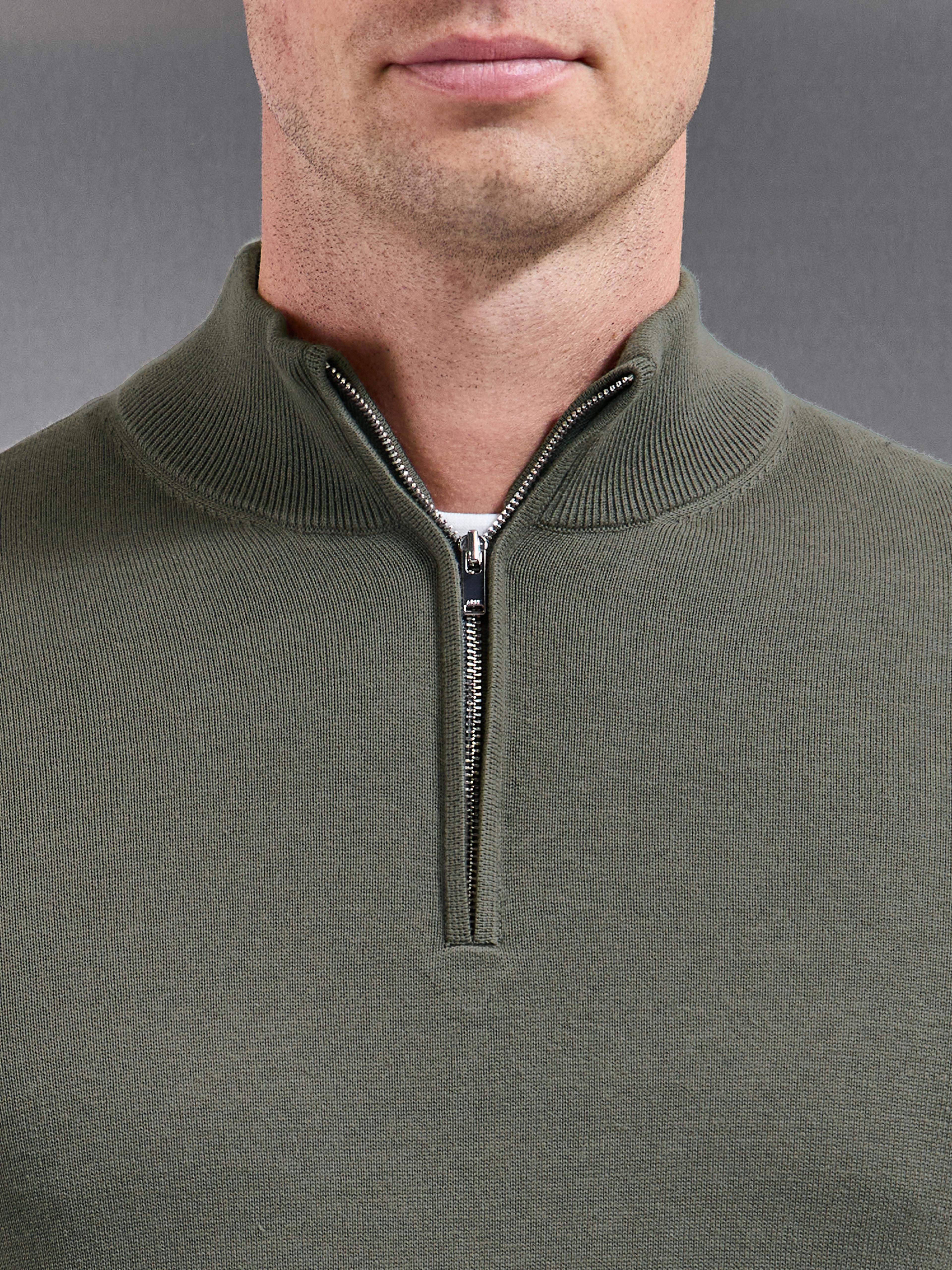 Cotton Knitted Half Zip Jumper in Sage
