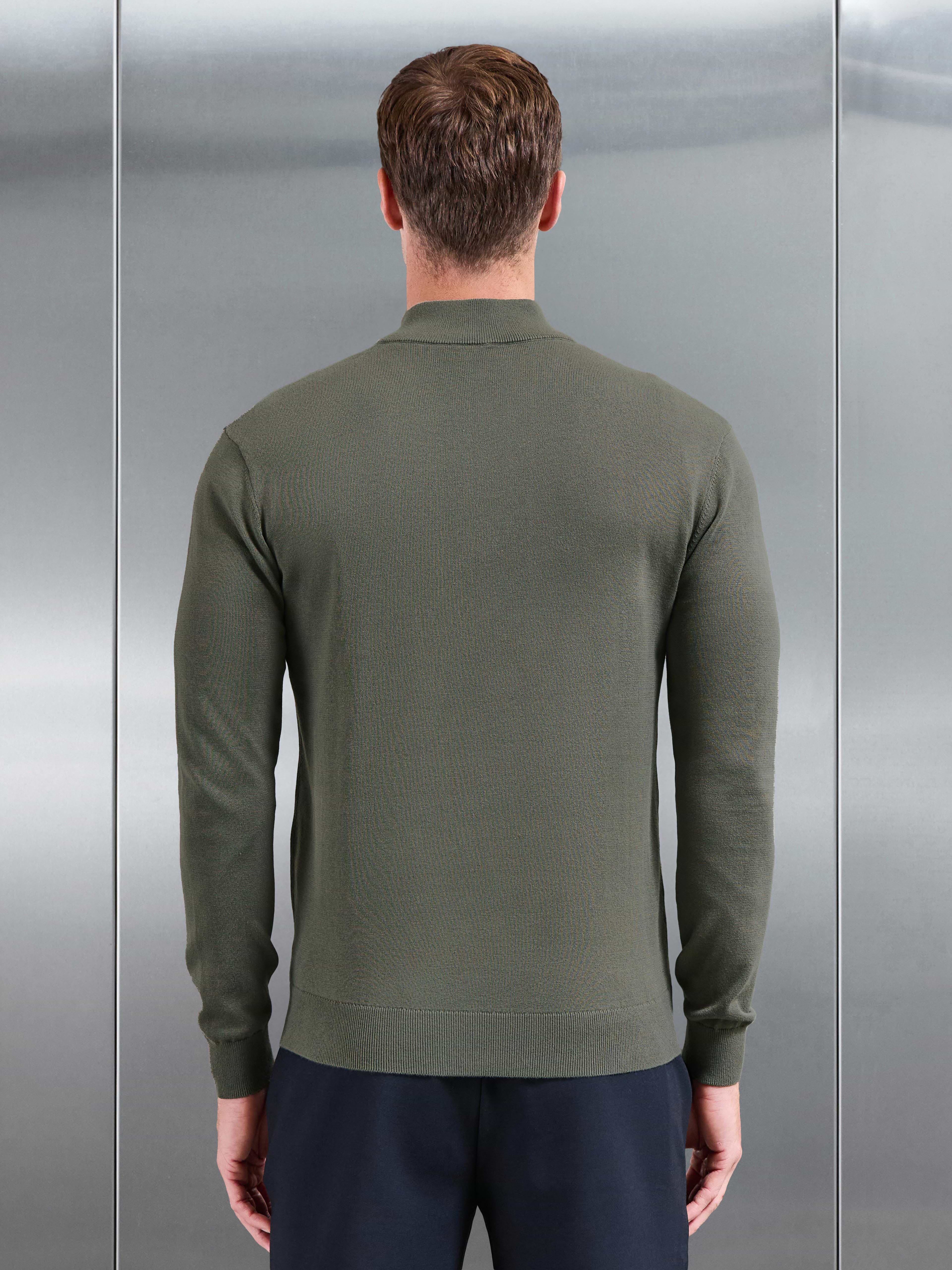 Cotton Knitted Half Zip Jumper in Sage