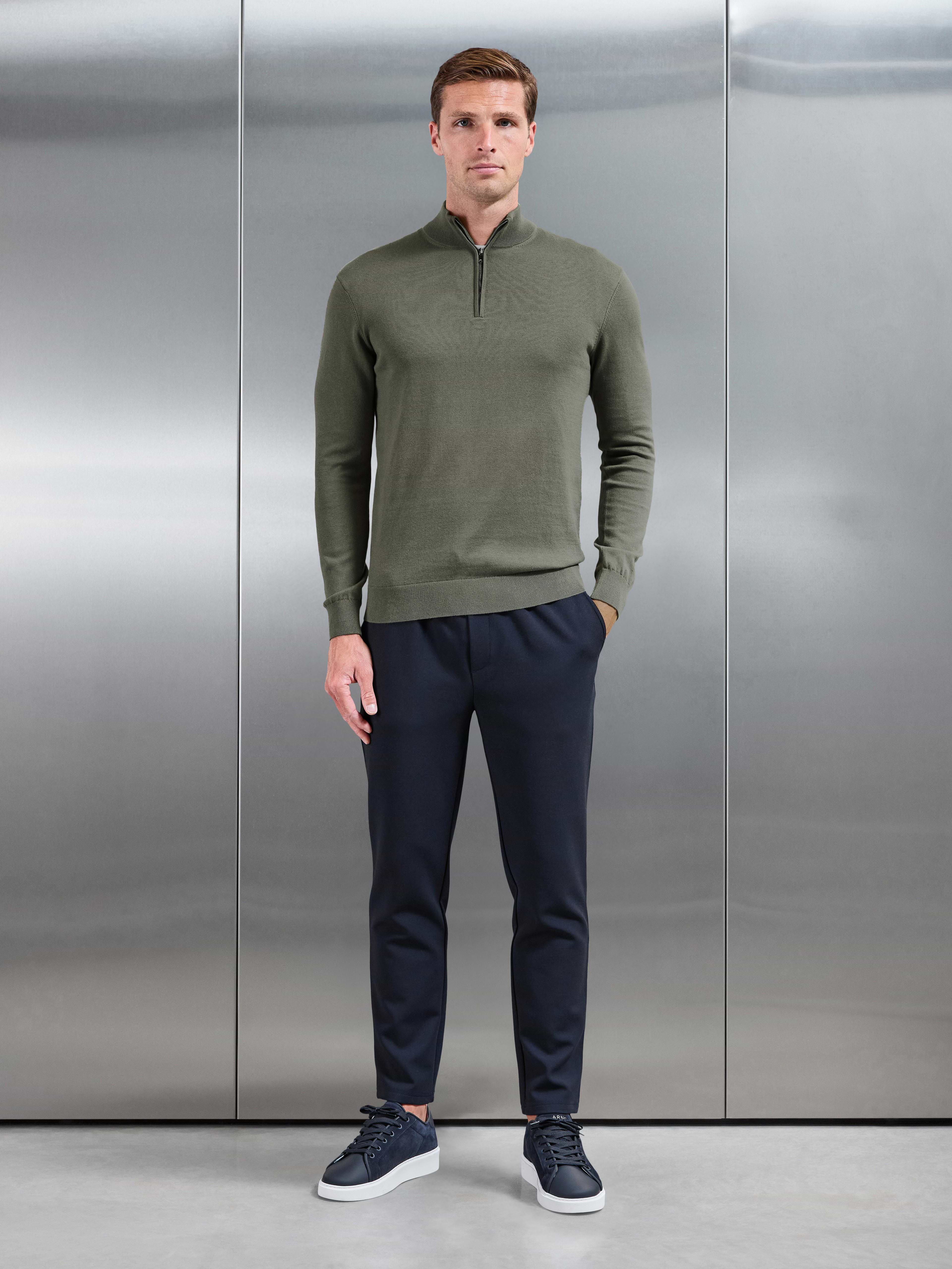 Cotton Knitted Half Zip Jumper in Sage
