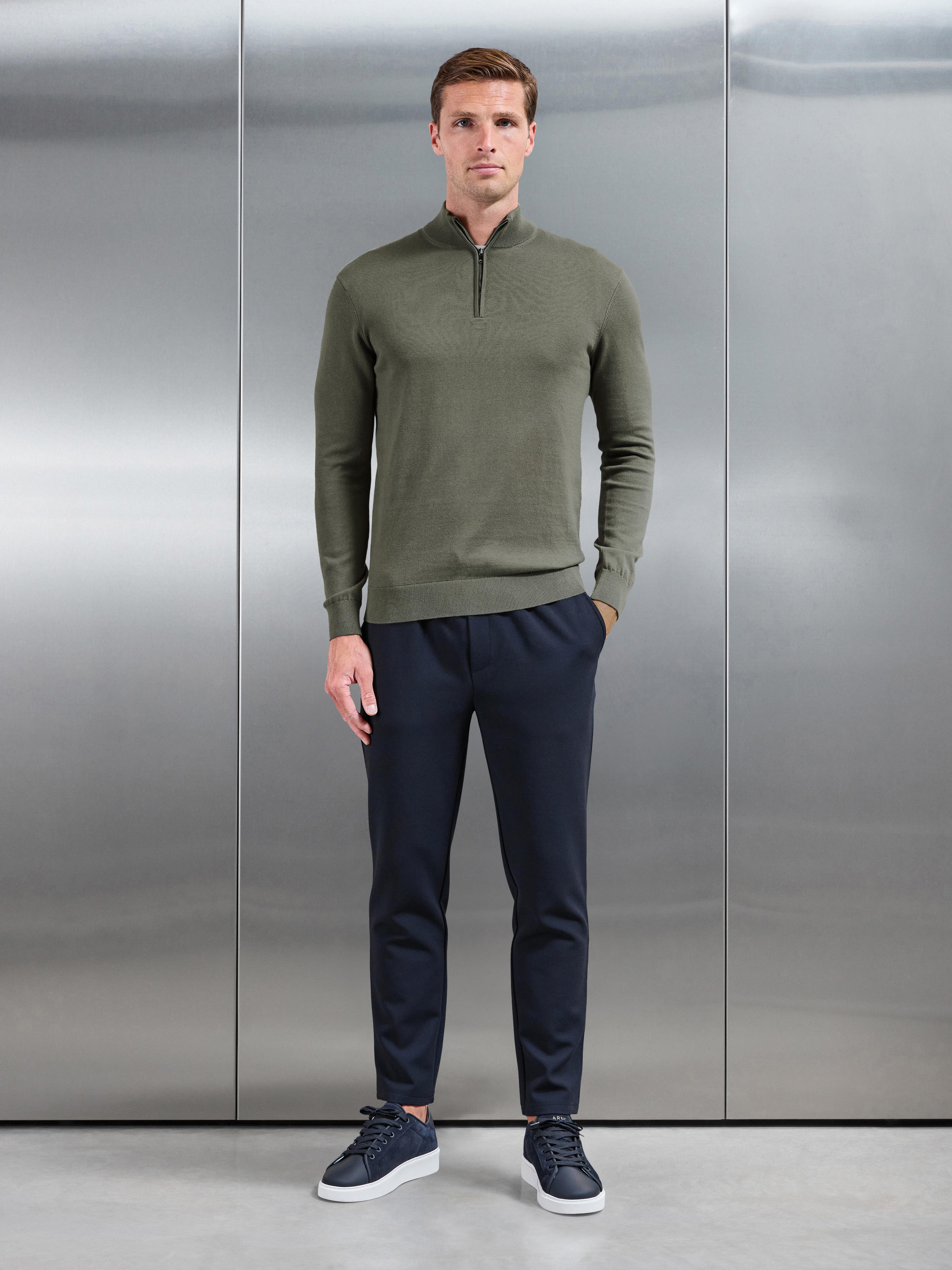 Cotton Knitted Half Zip Jumper in Sage