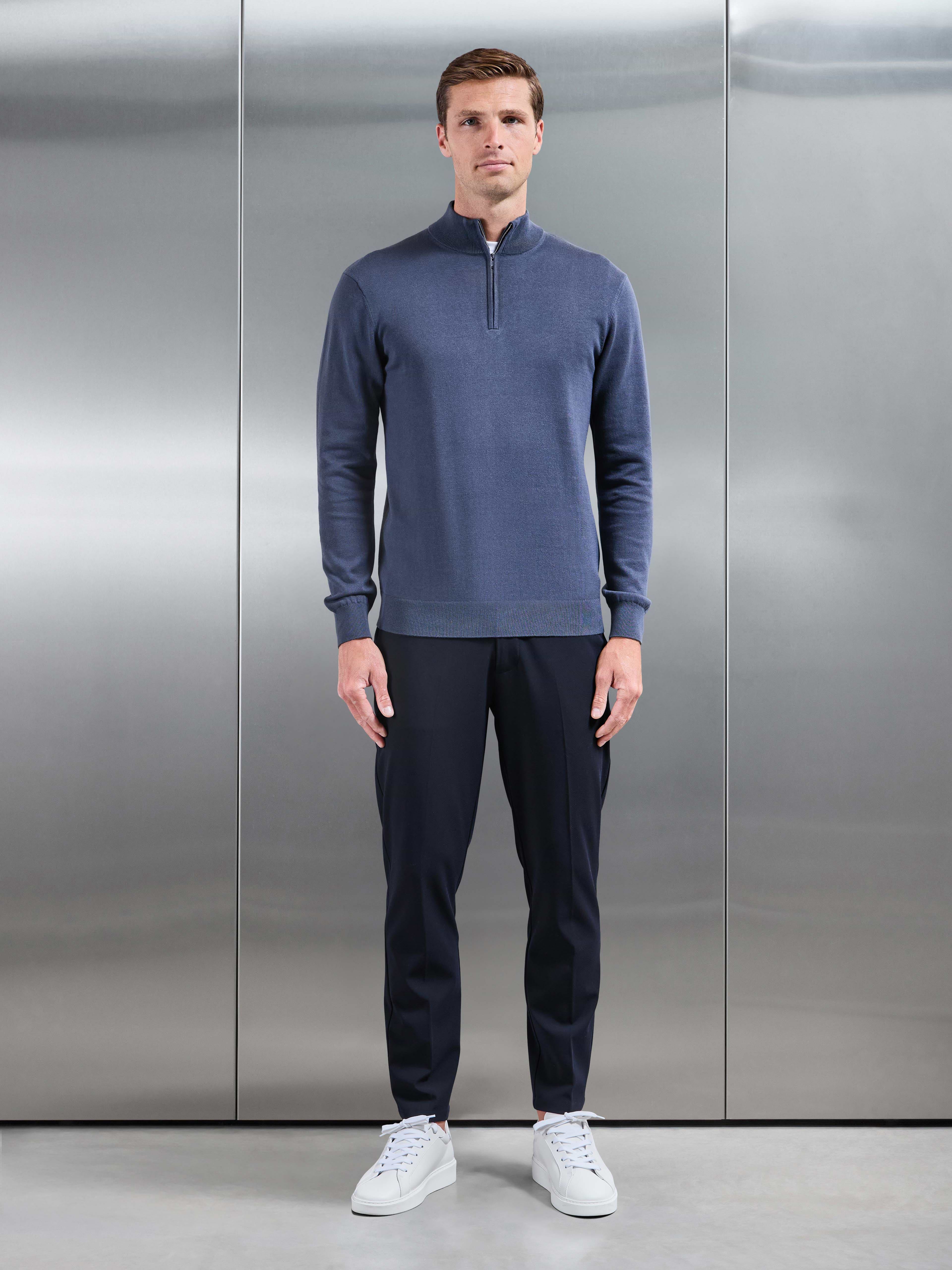 Cotton Knitted Half Zip Jumper in Slate Blue