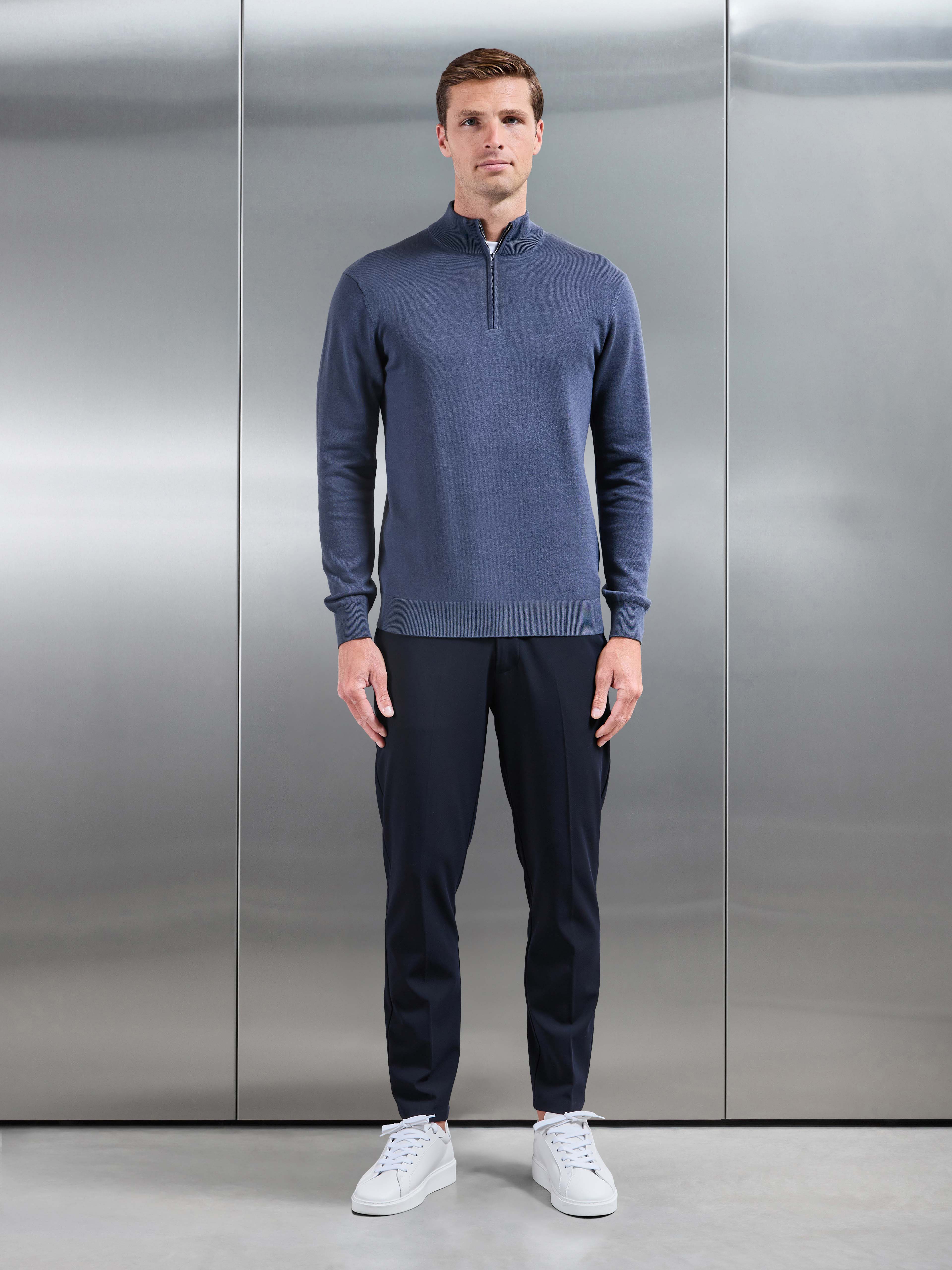Cotton Knitted Half Zip Jumper in Slate Blue