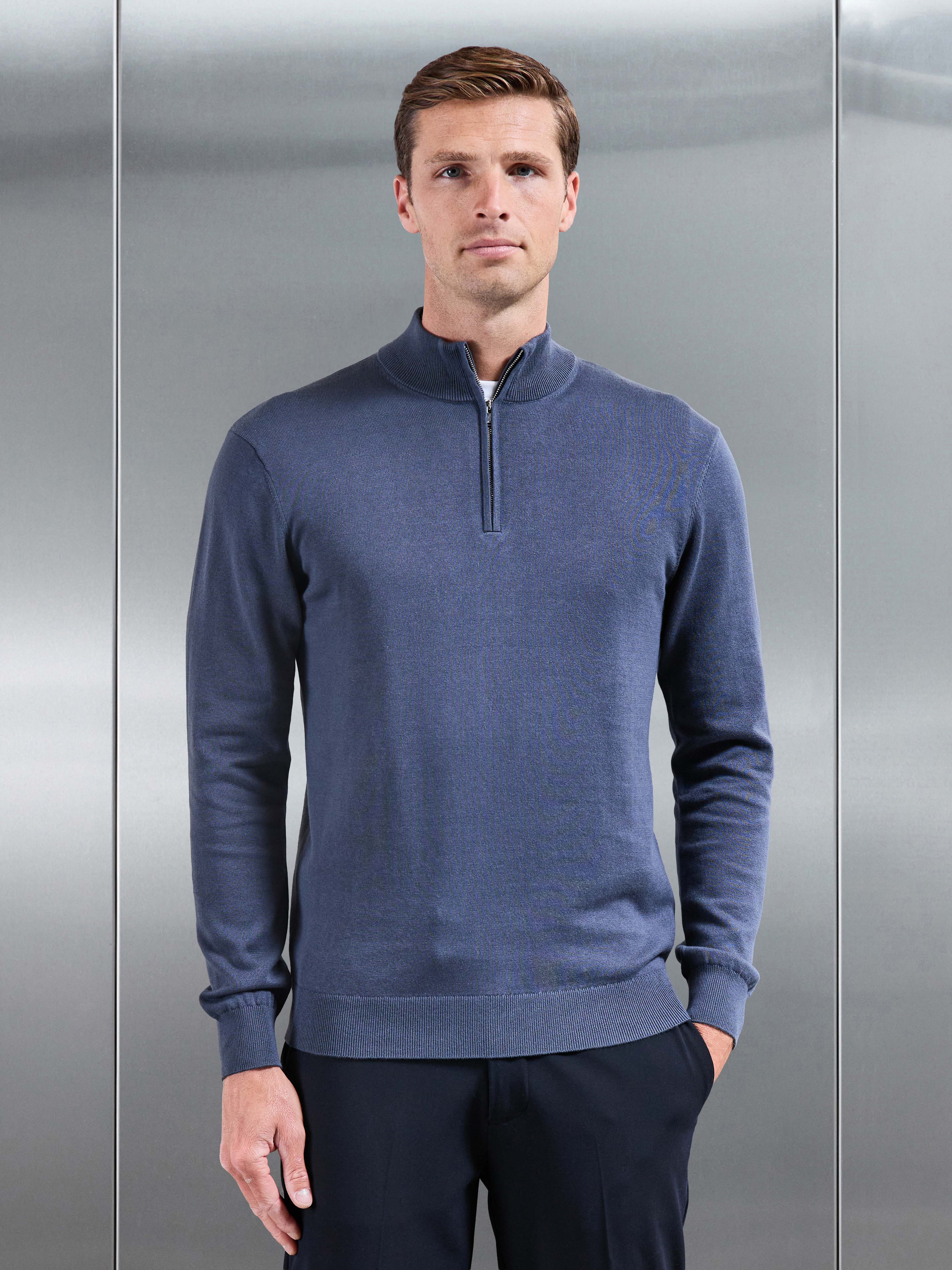 Cotton Knitted Half Zip Jumper in Slate Blue