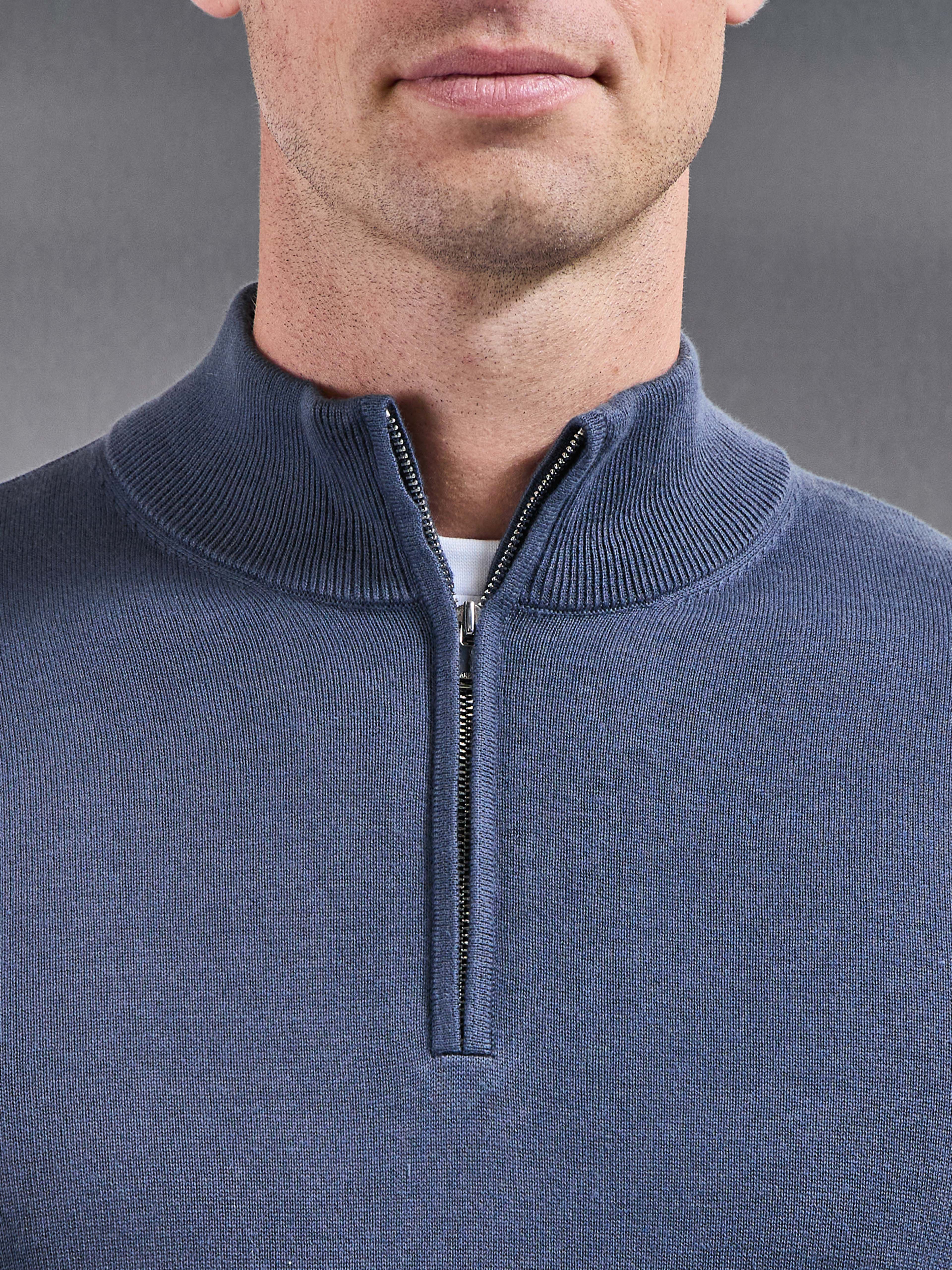 Cotton Knitted Half Zip Jumper in Slate Blue