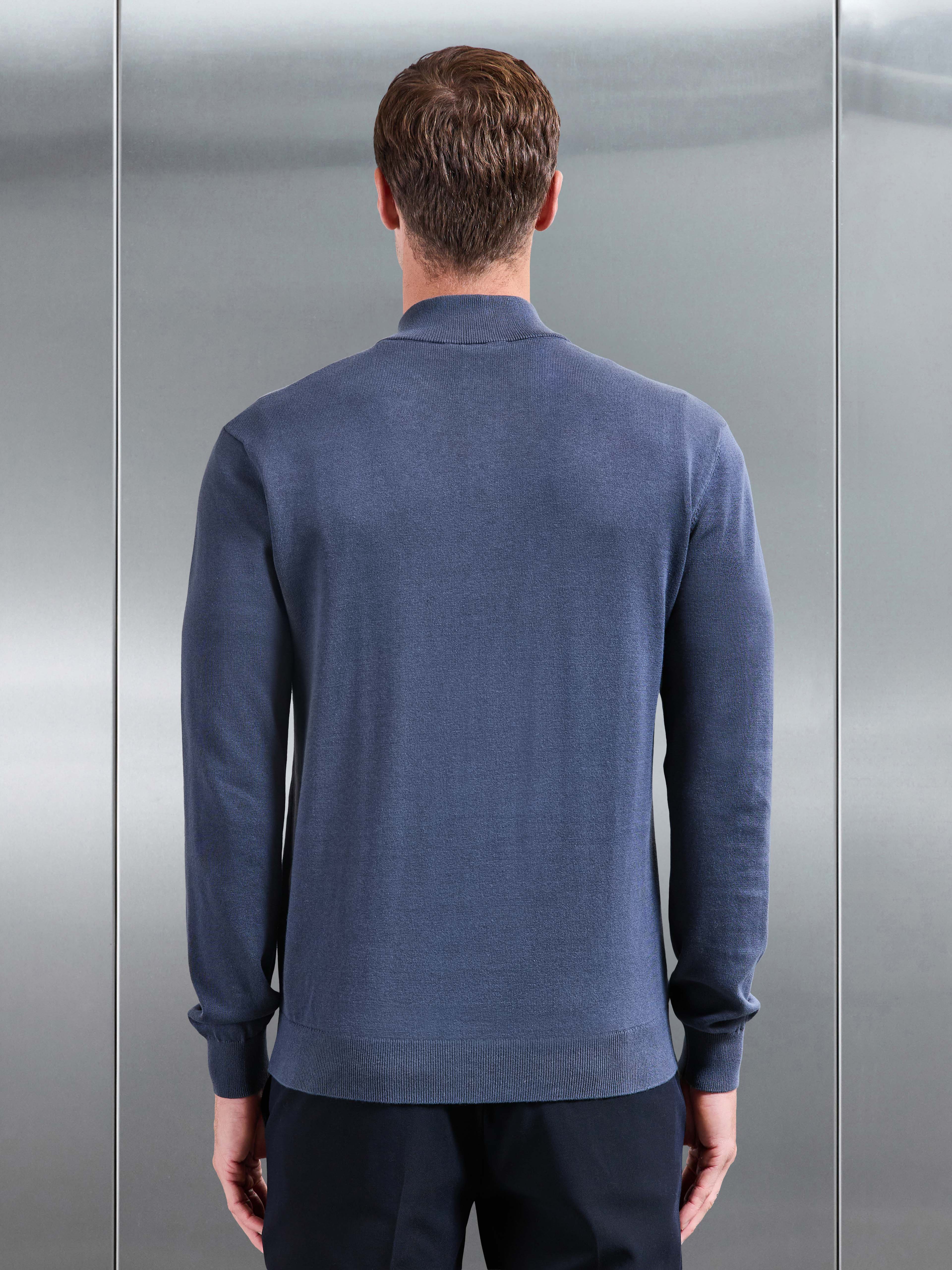 Cotton Knitted Half Zip Jumper in Slate Blue