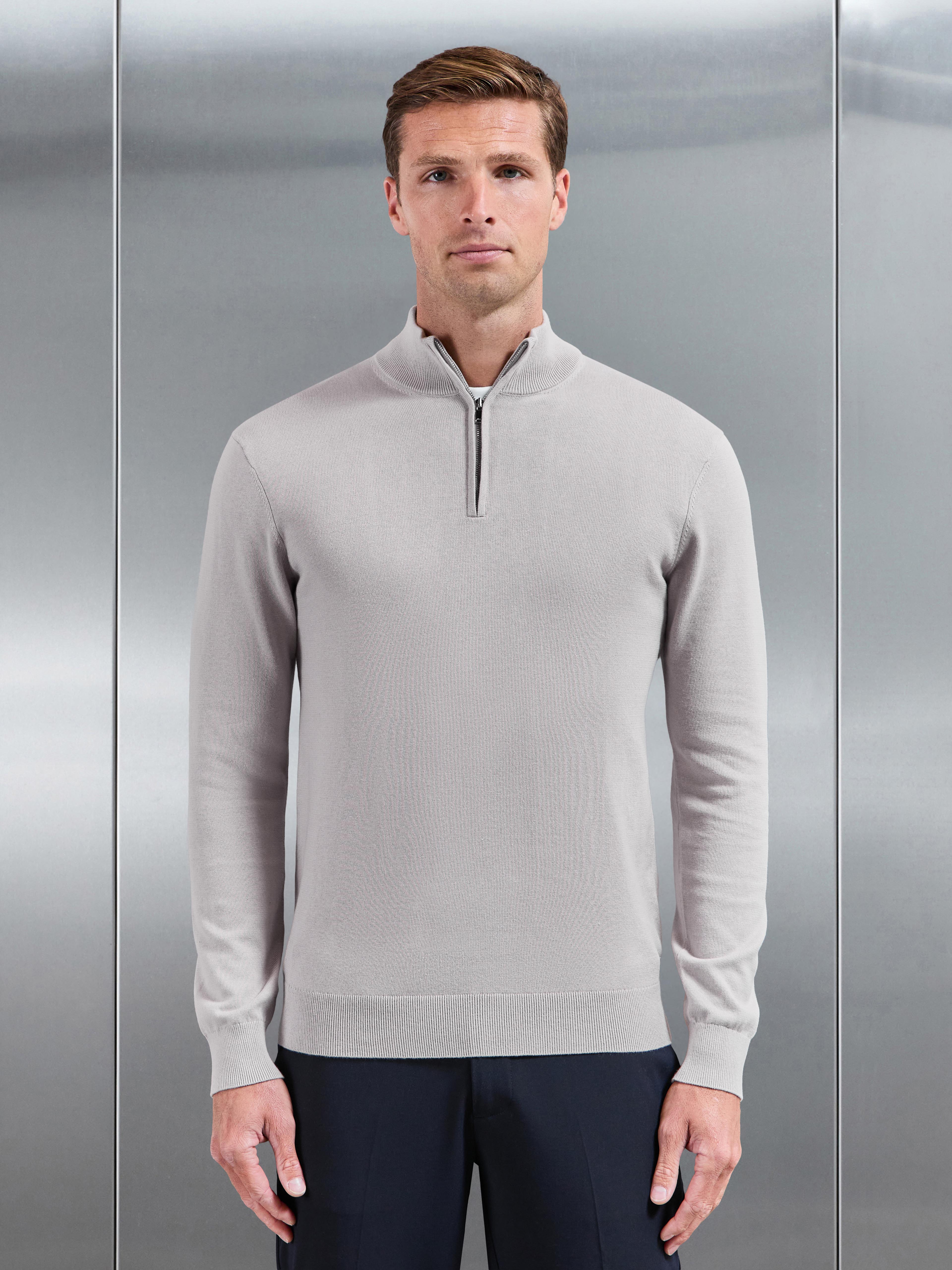Cotton Knitted Half Zip Jumper in Stone