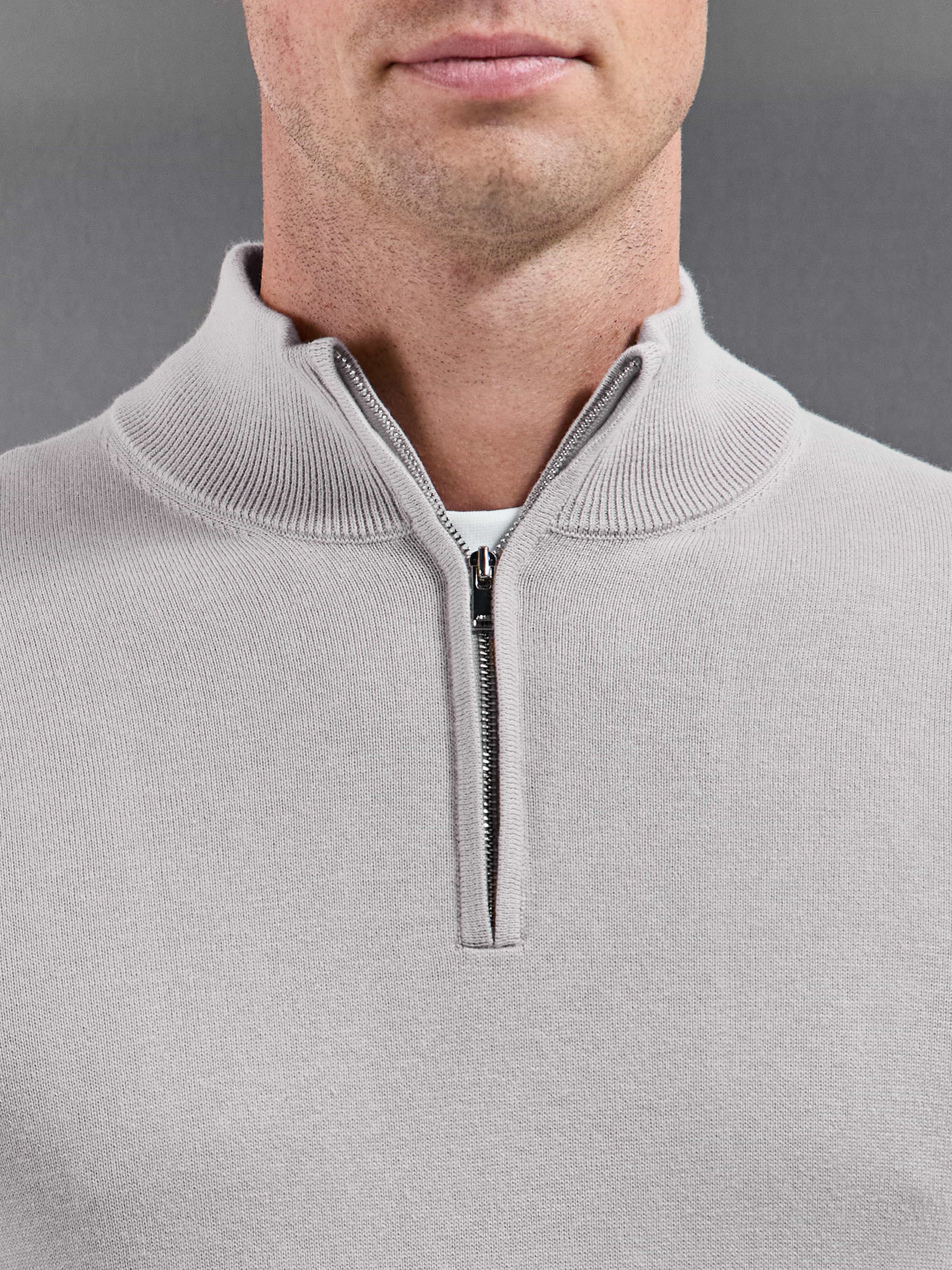 Cotton Knitted Half Zip Jumper in Stone