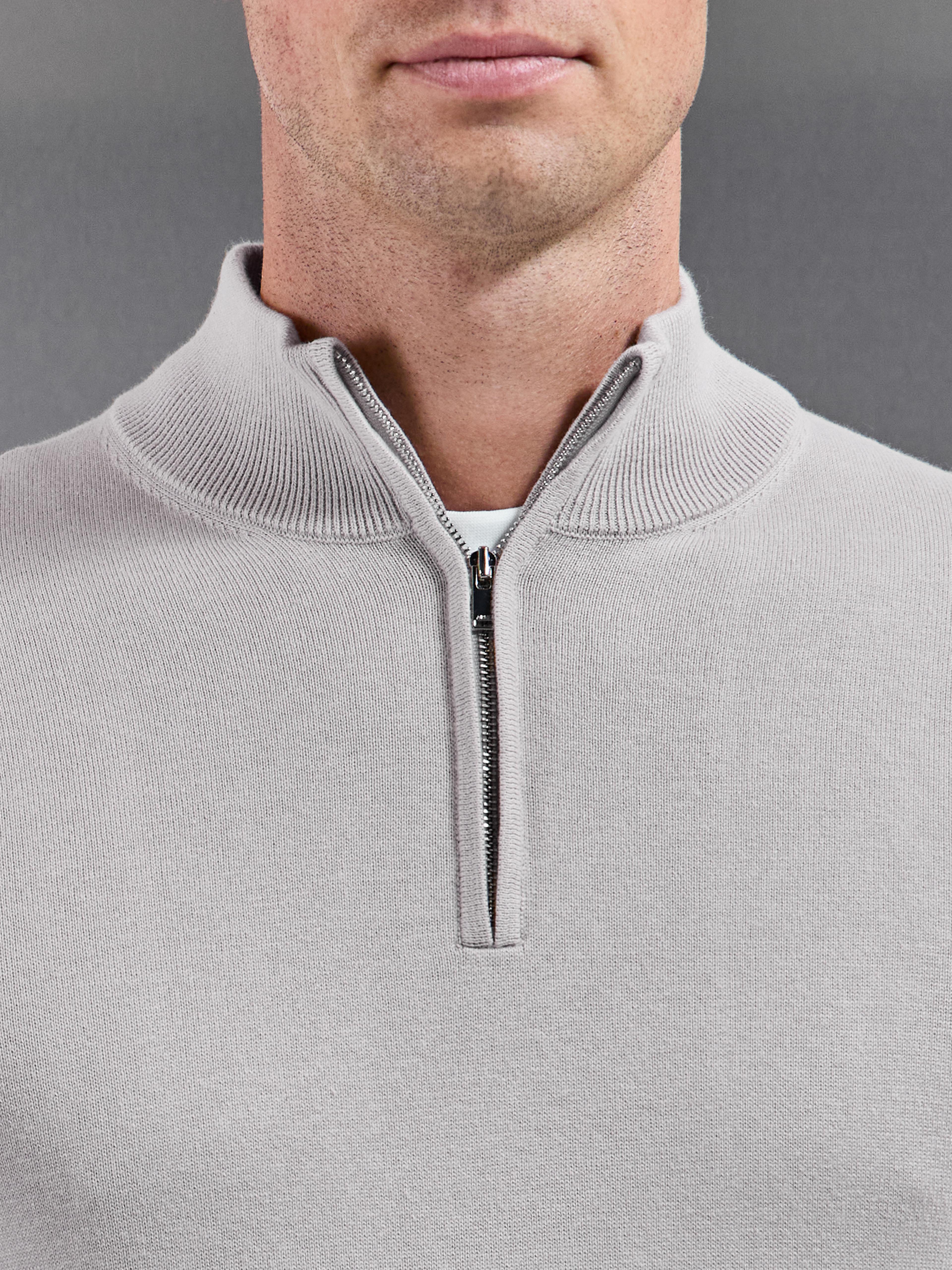 Cotton Knitted Half Zip Jumper in Stone