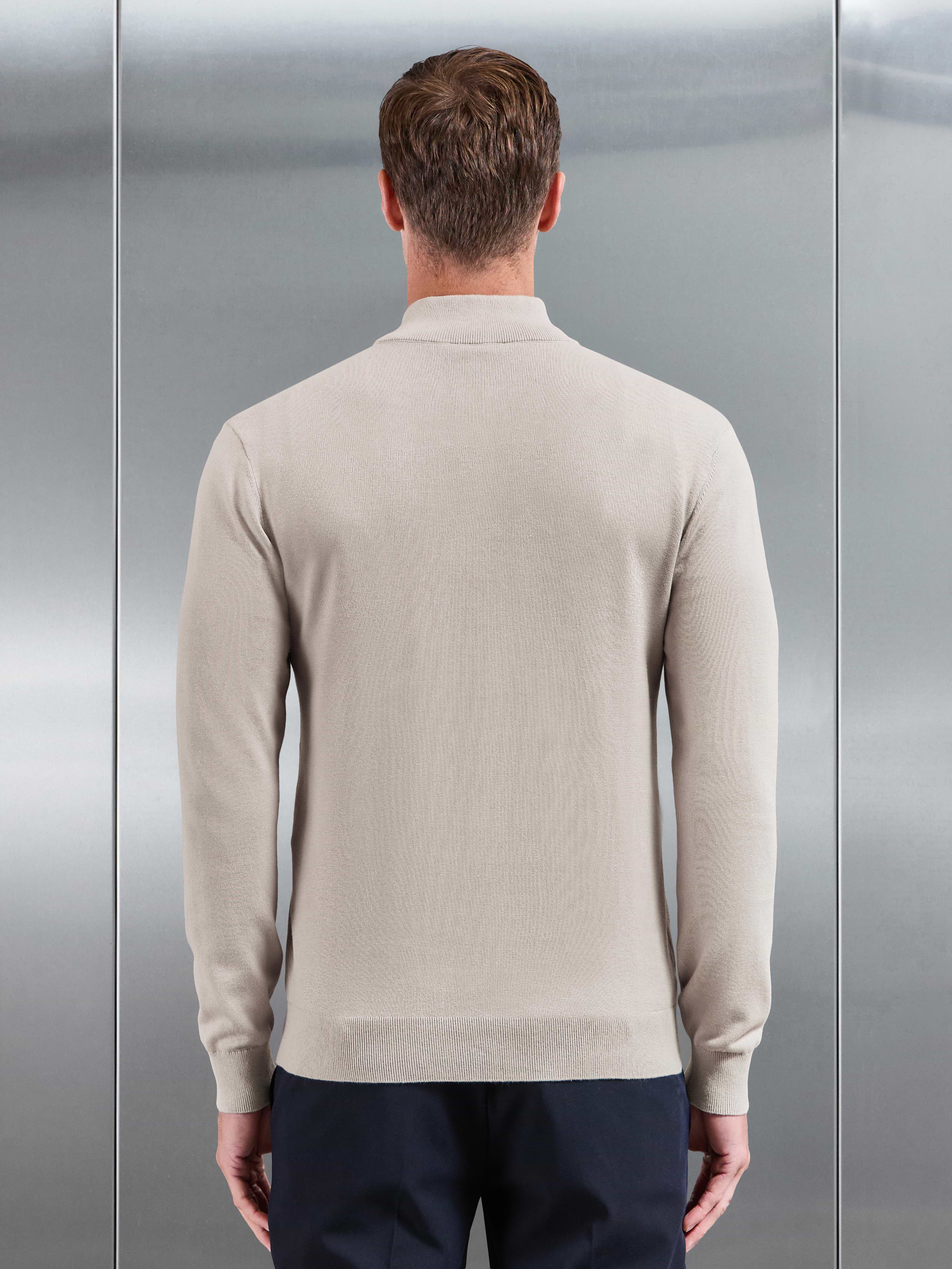 Cotton Knitted Half Zip Jumper in Stone