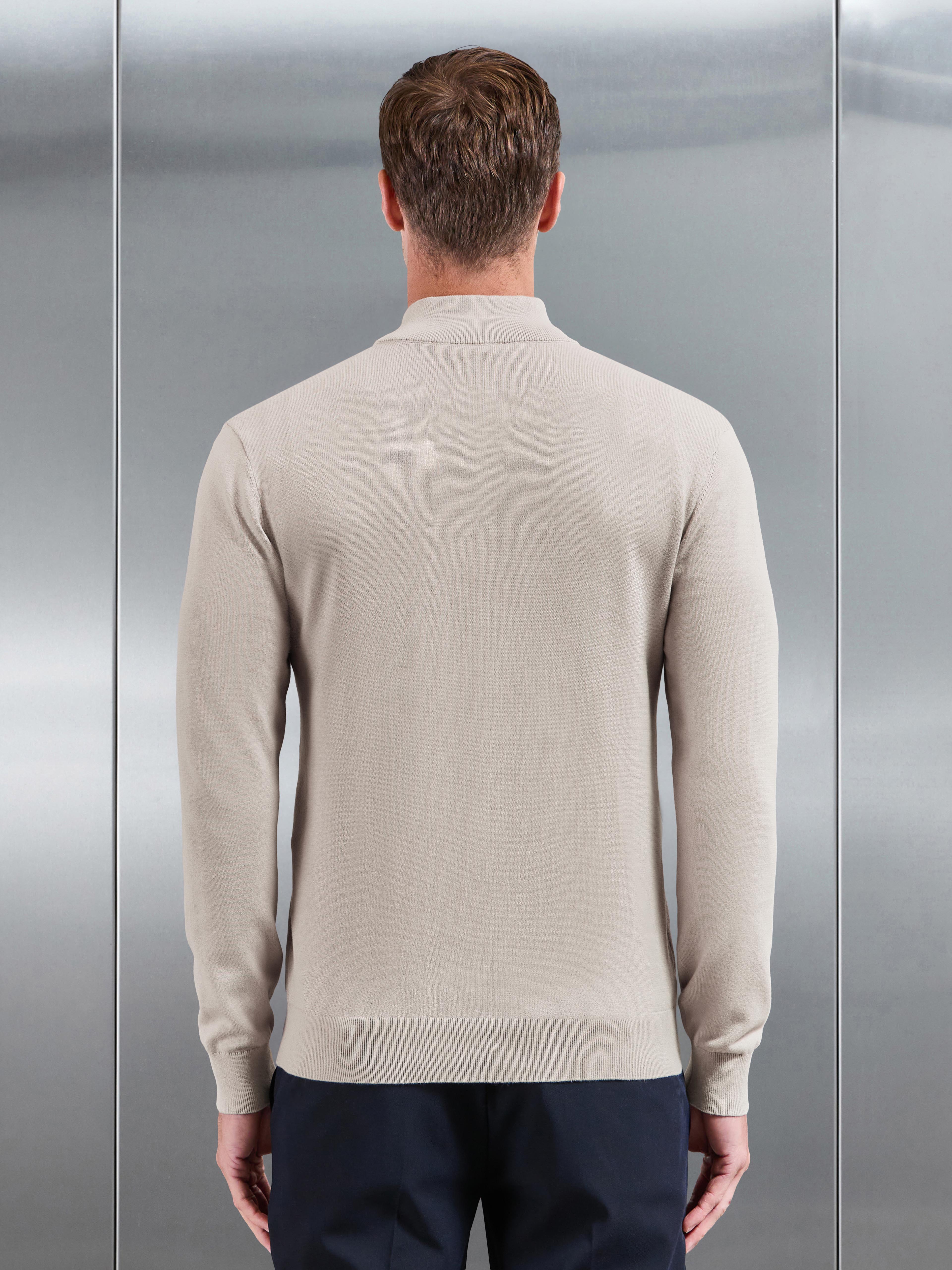 Cotton Knitted Half Zip Jumper in Stone