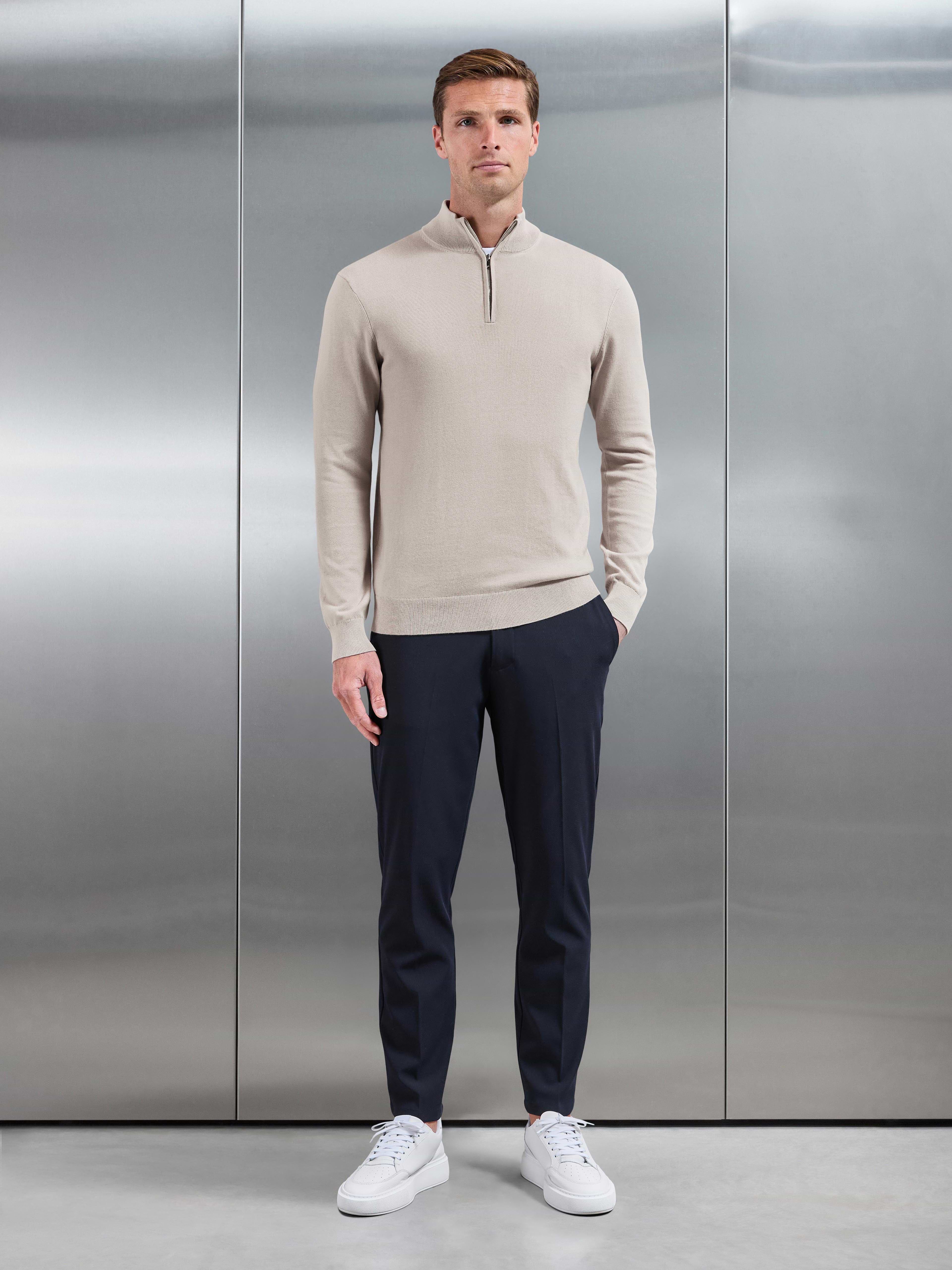 Cotton Knitted Half Zip Jumper in Stone
