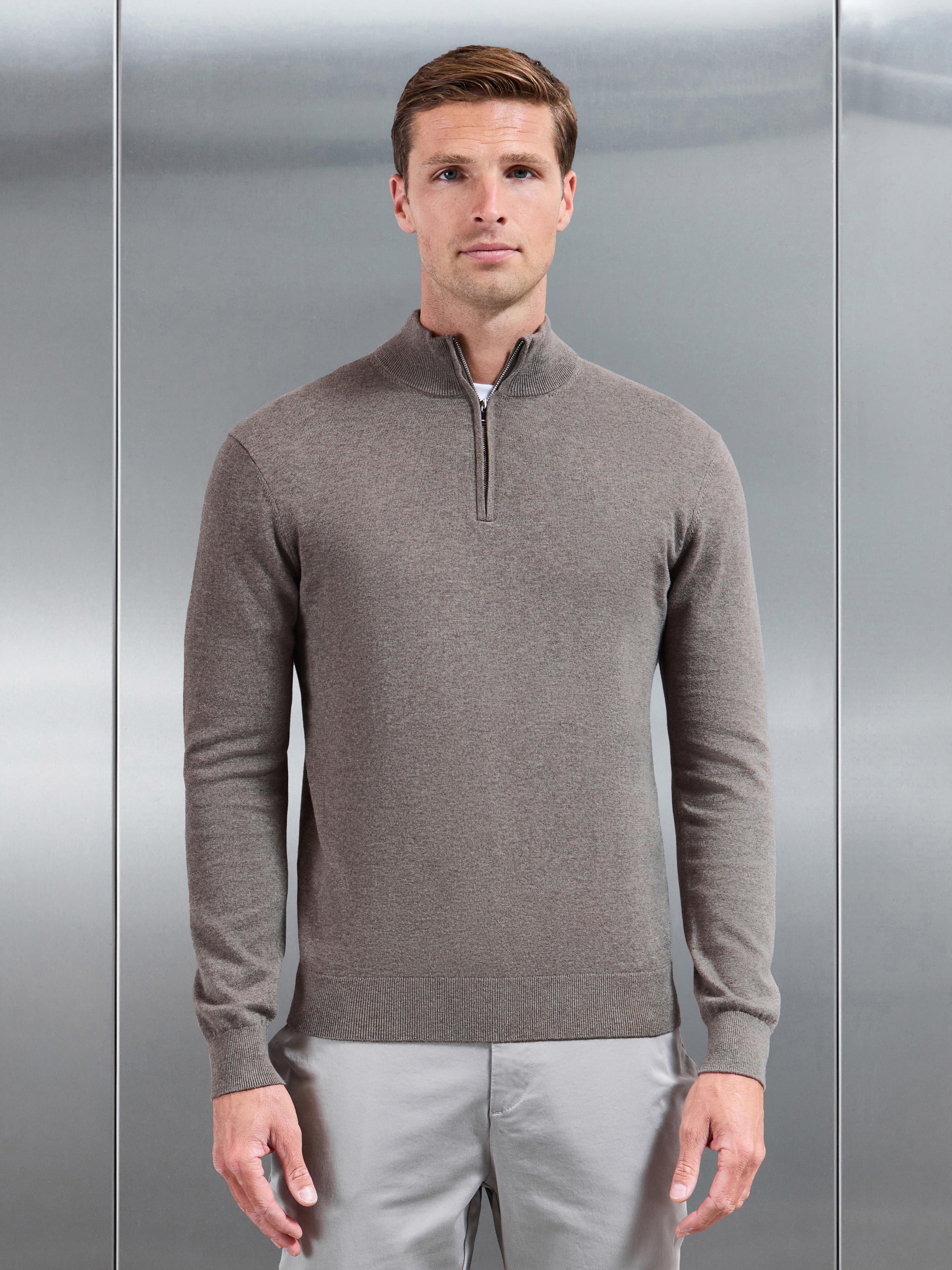 Cotton Knitted Half Zip Jumper in Taupe Marl