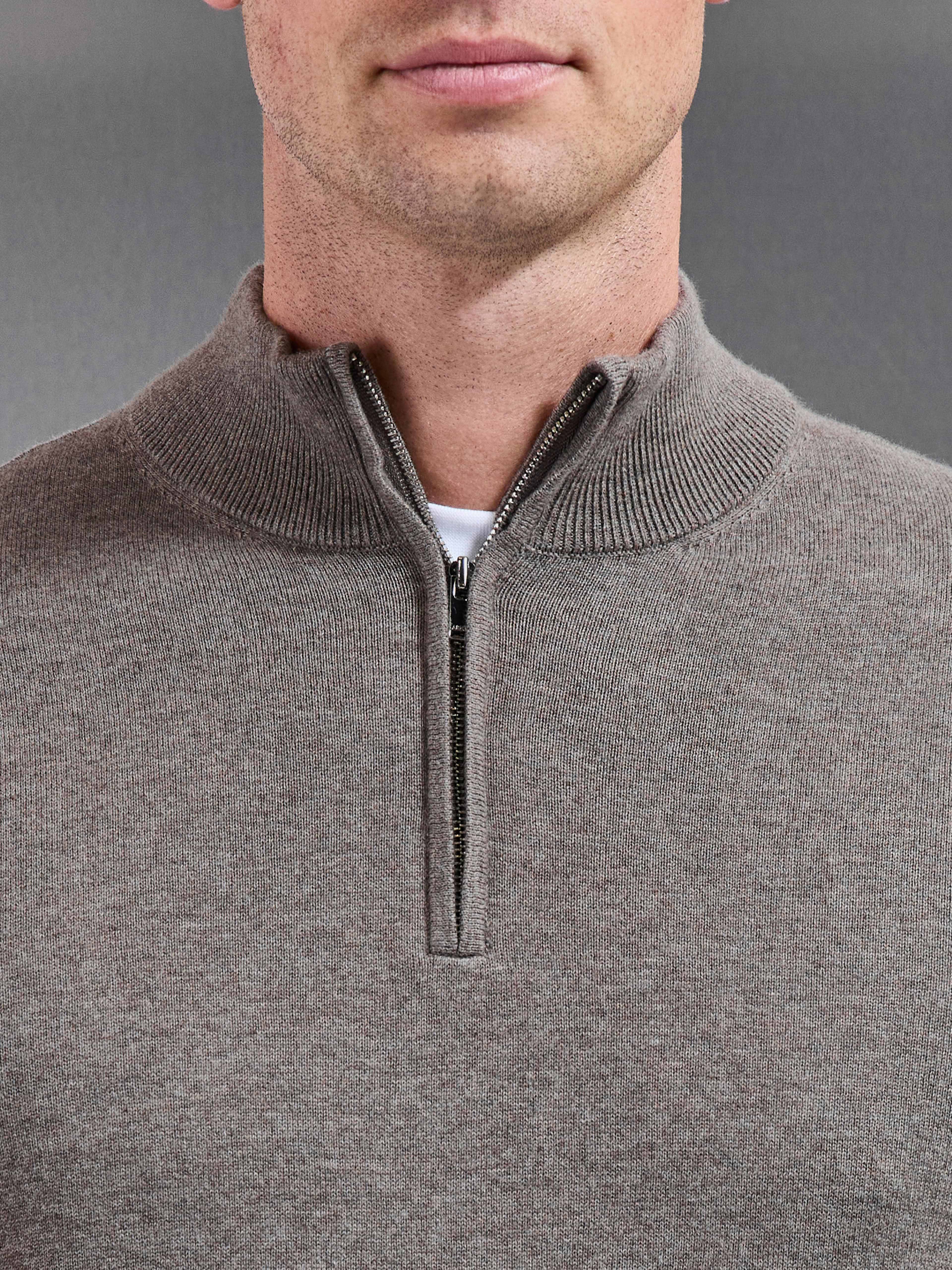 Cotton Knitted Half Zip Jumper in Taupe Marl