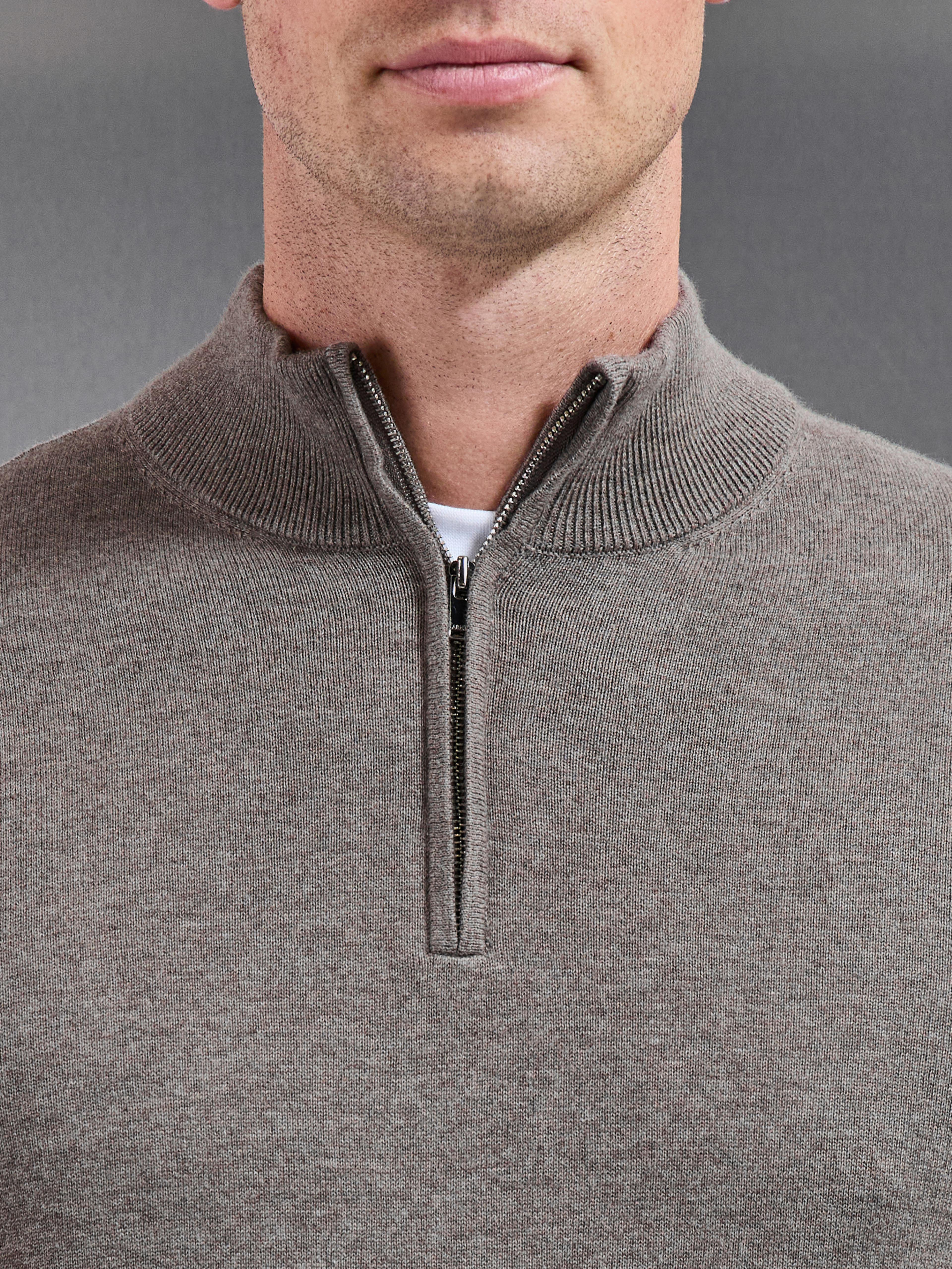 Cotton Knitted Half Zip Jumper in Taupe Marl
