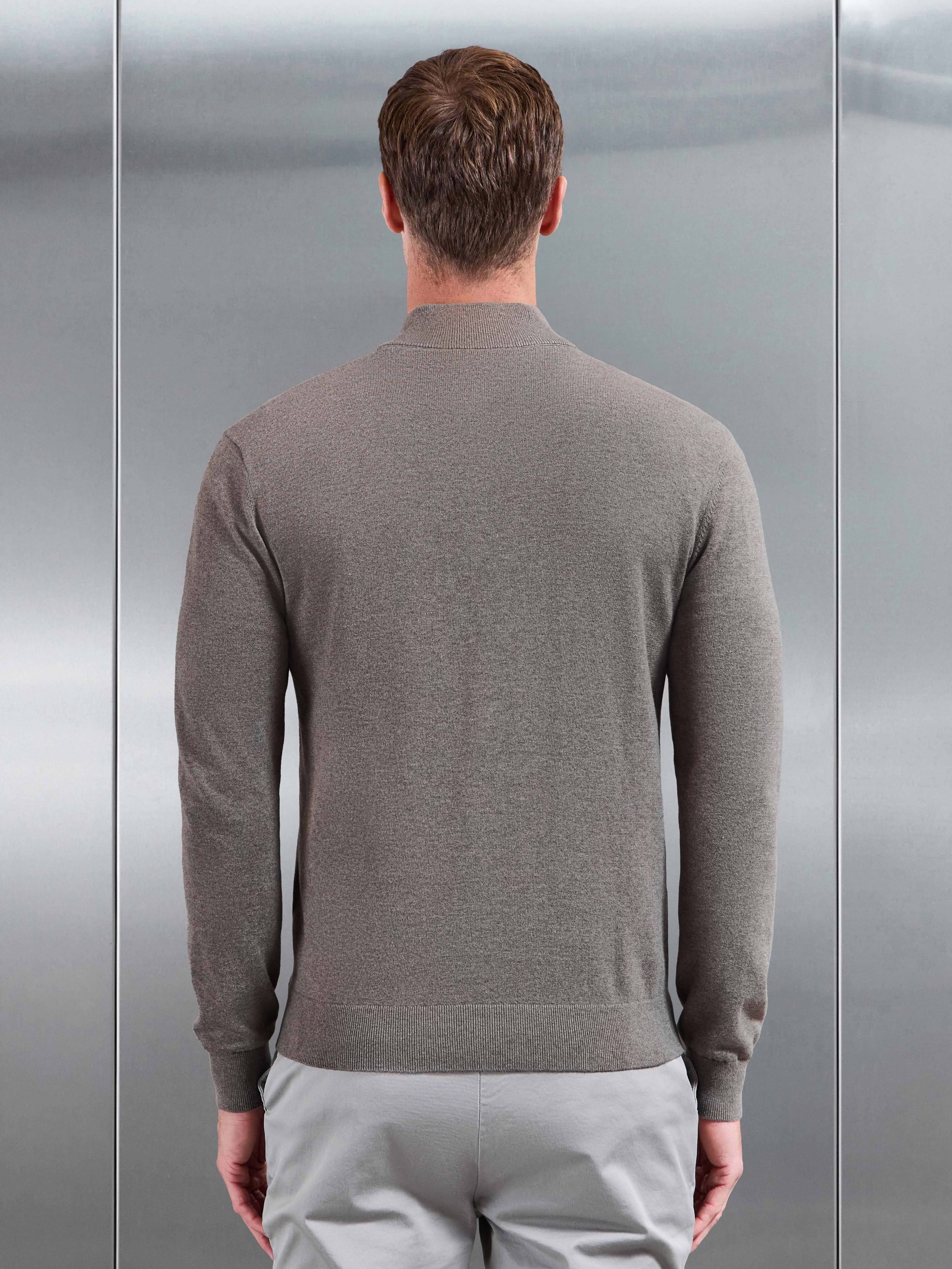 Cotton Knitted Half Zip Jumper in Taupe Marl