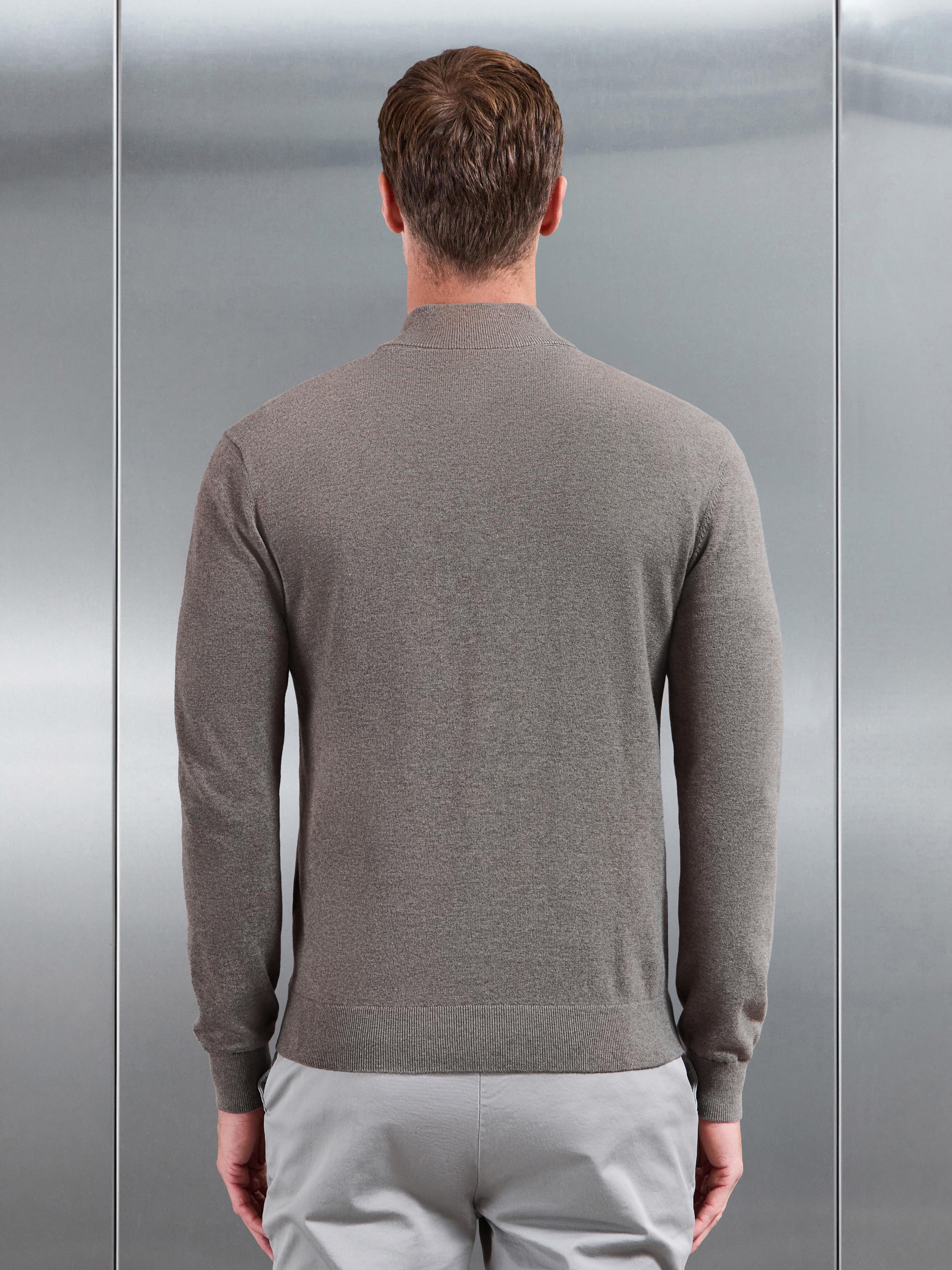 Cotton Knitted Half Zip Jumper in Taupe Marl