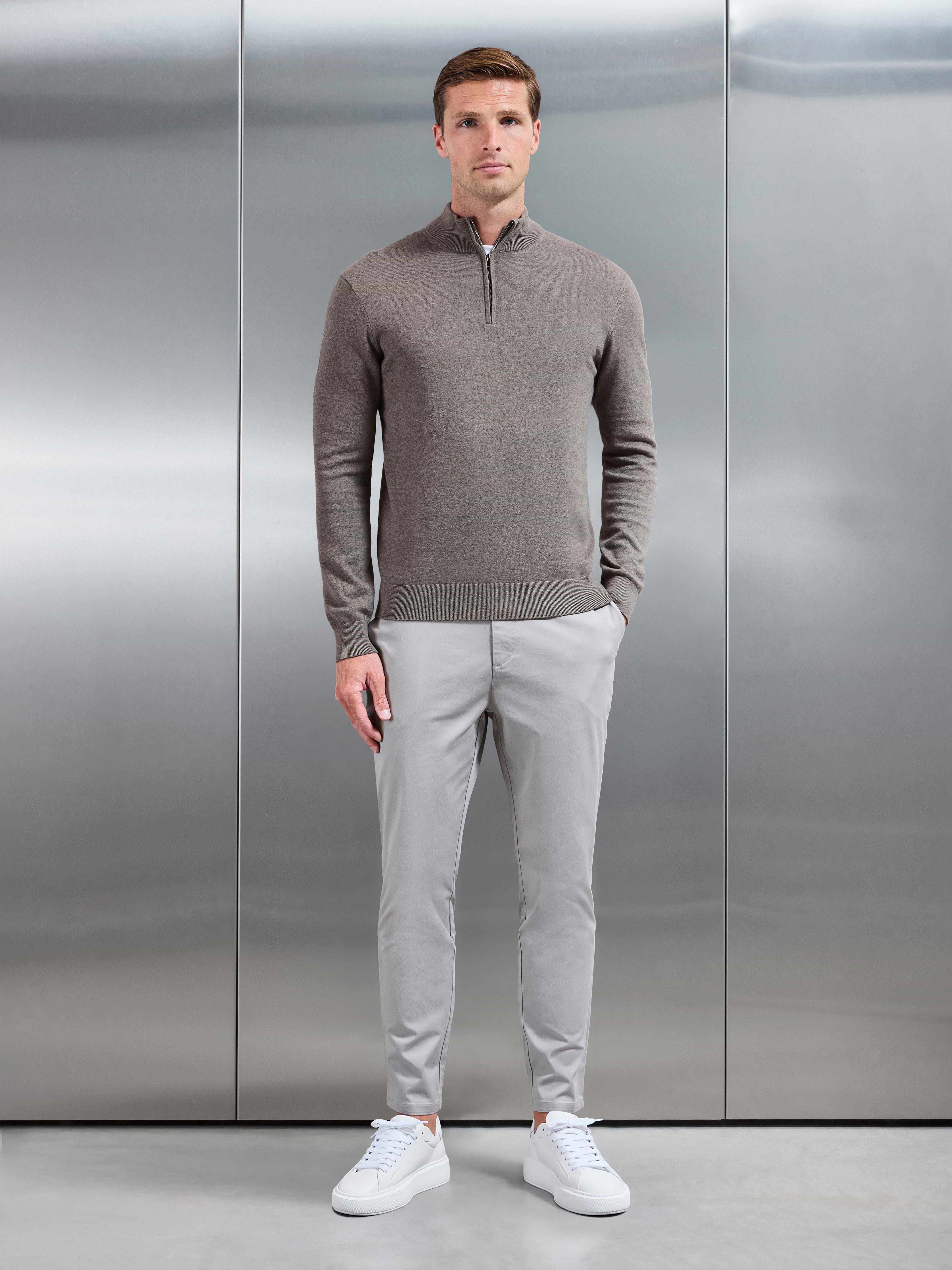 Cotton Knitted Half Zip Jumper in Taupe Marl