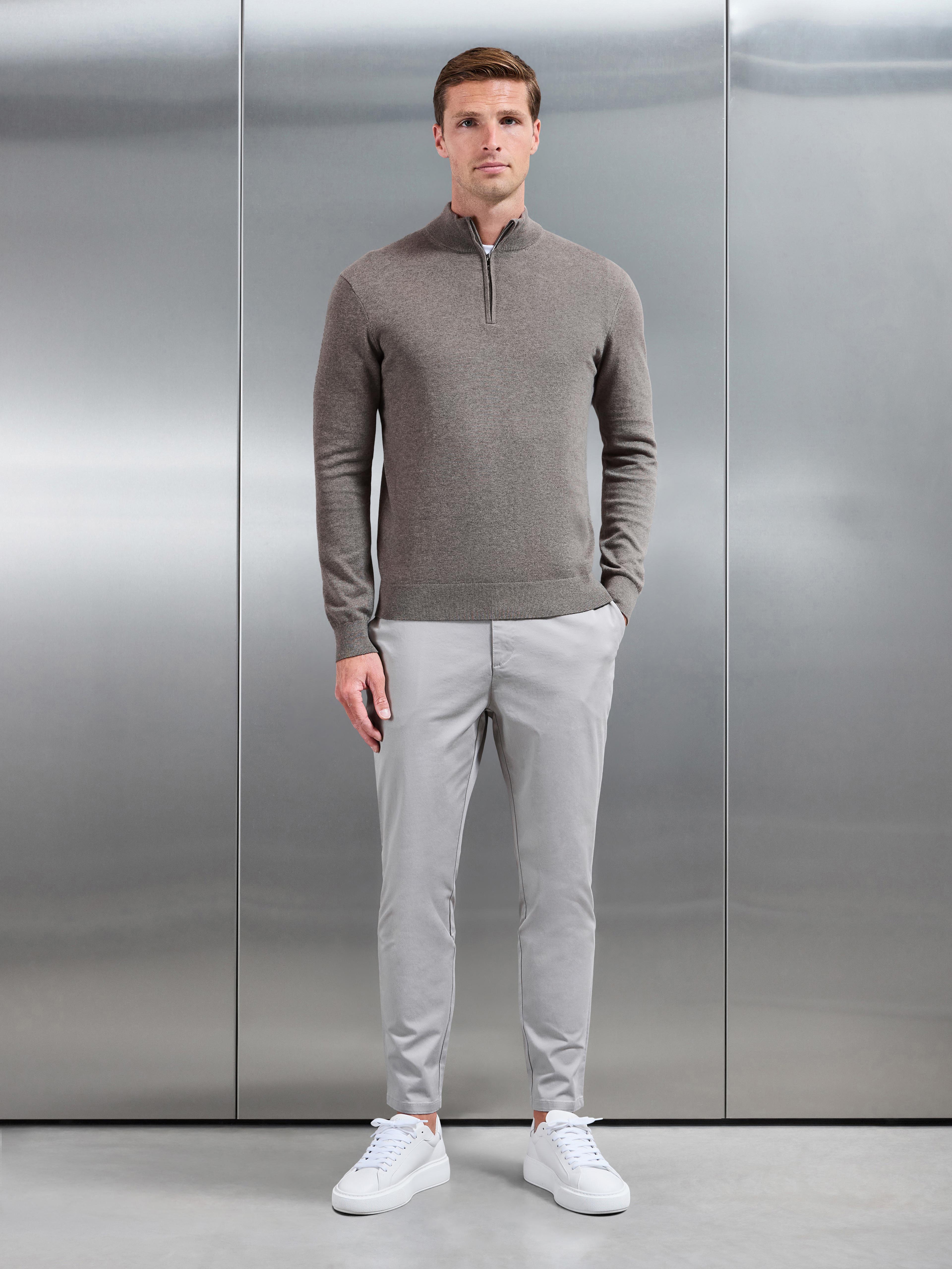Cotton Knitted Half Zip Jumper in Taupe Marl
