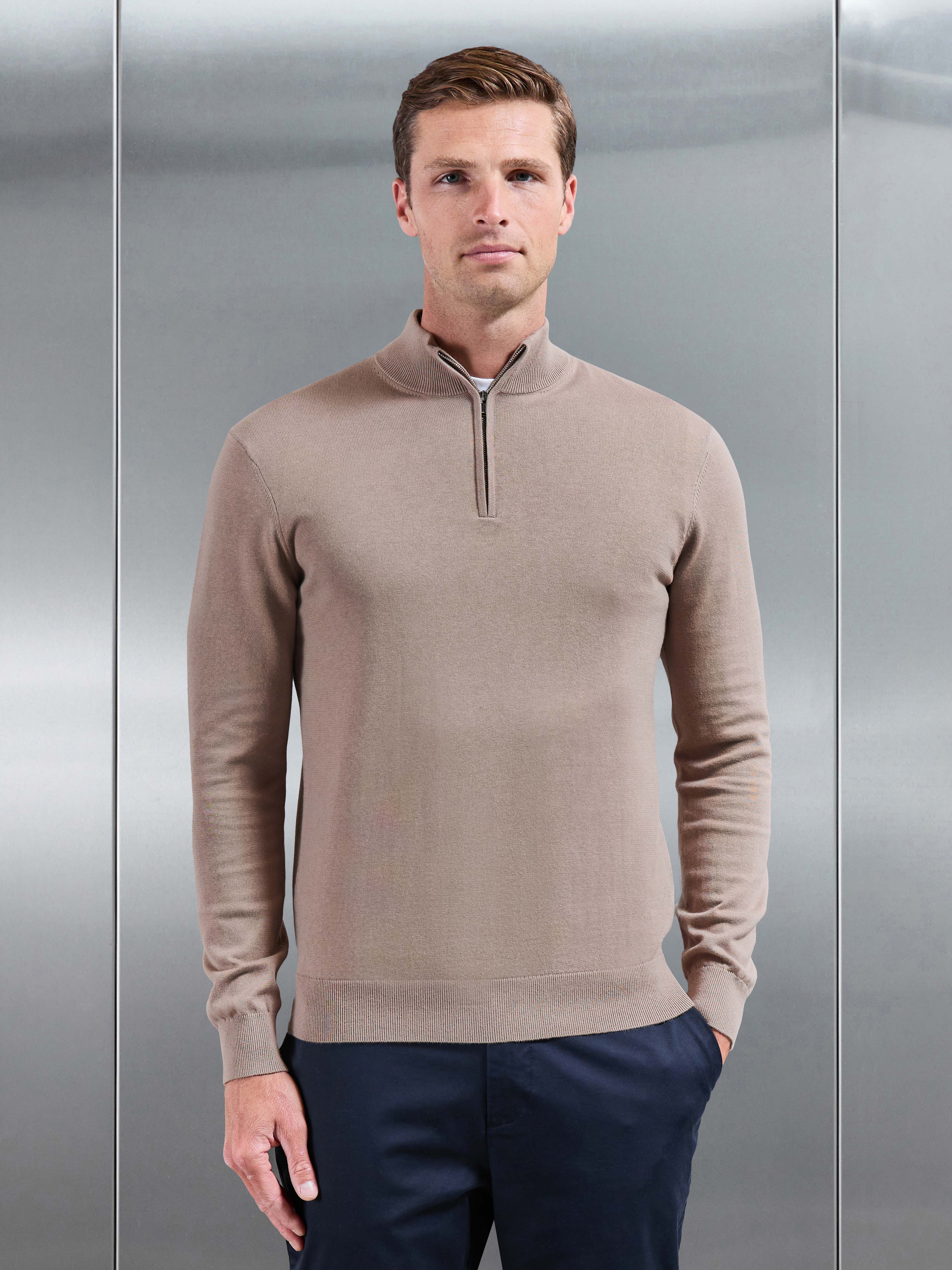 Cotton Knitted Half Zip Jumper in Taupe