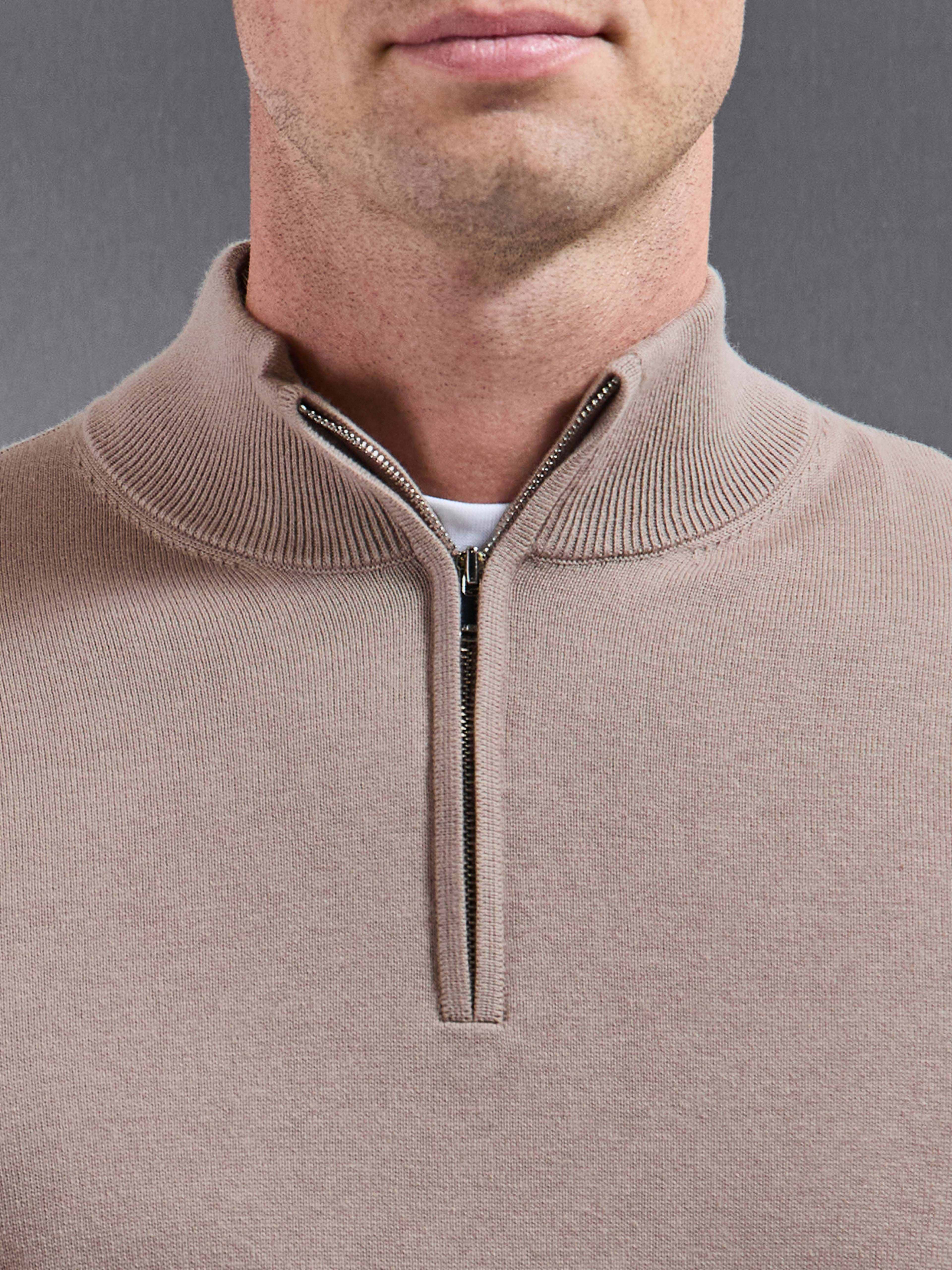 Cotton Knitted Half Zip Jumper in Taupe