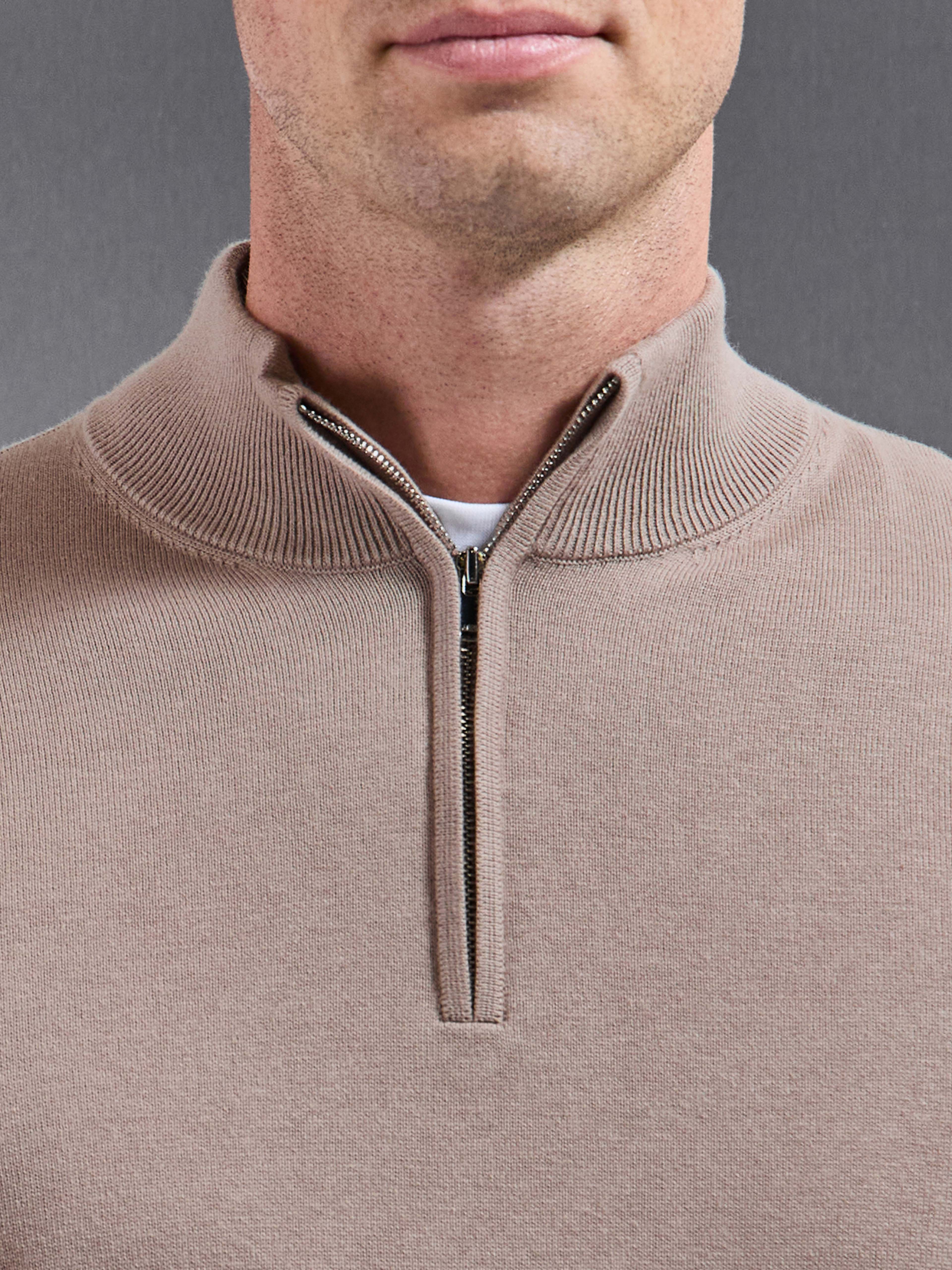 Cotton Knitted Half Zip Jumper in Taupe