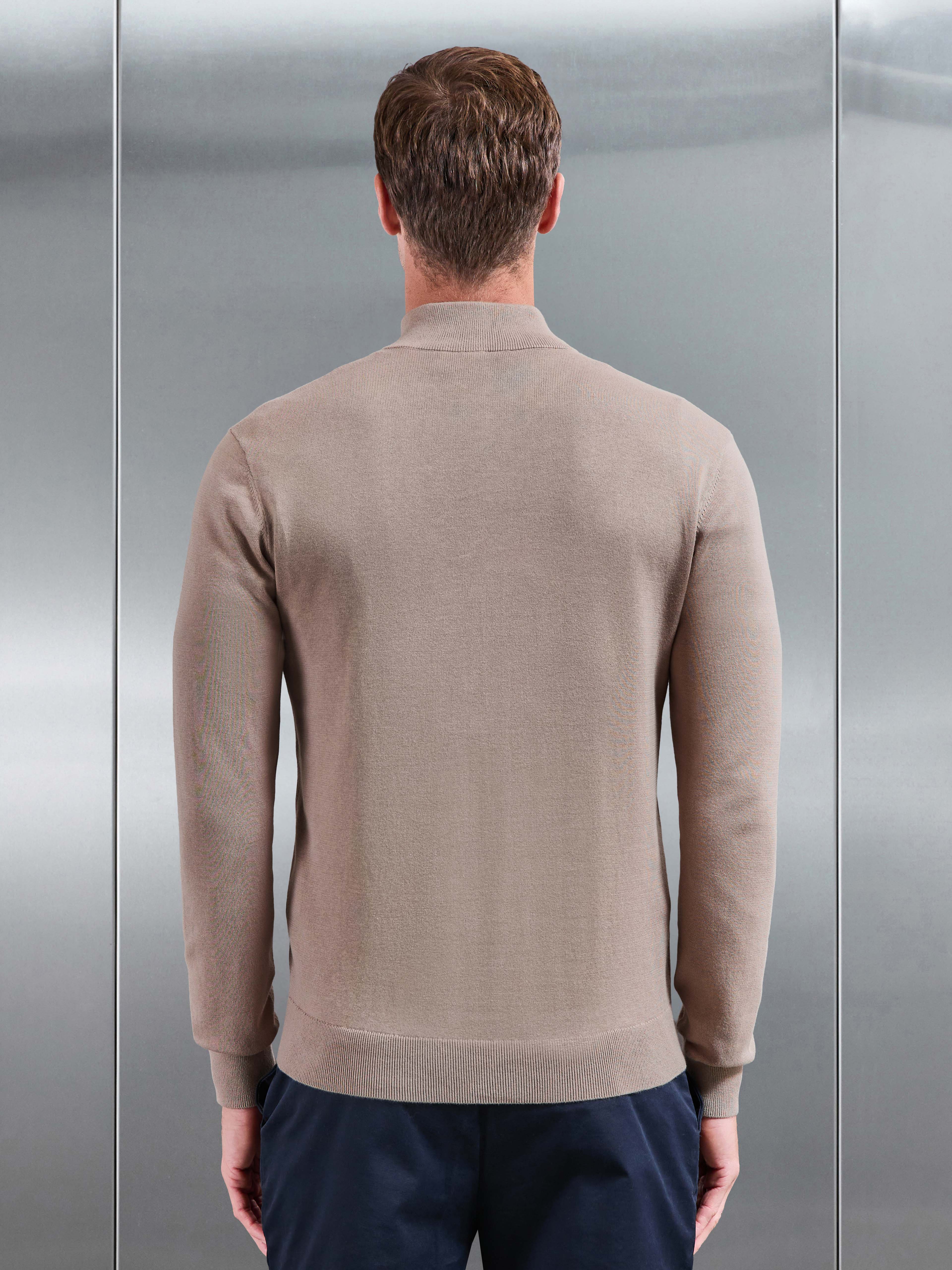 Cotton Knitted Half Zip Jumper in Taupe
