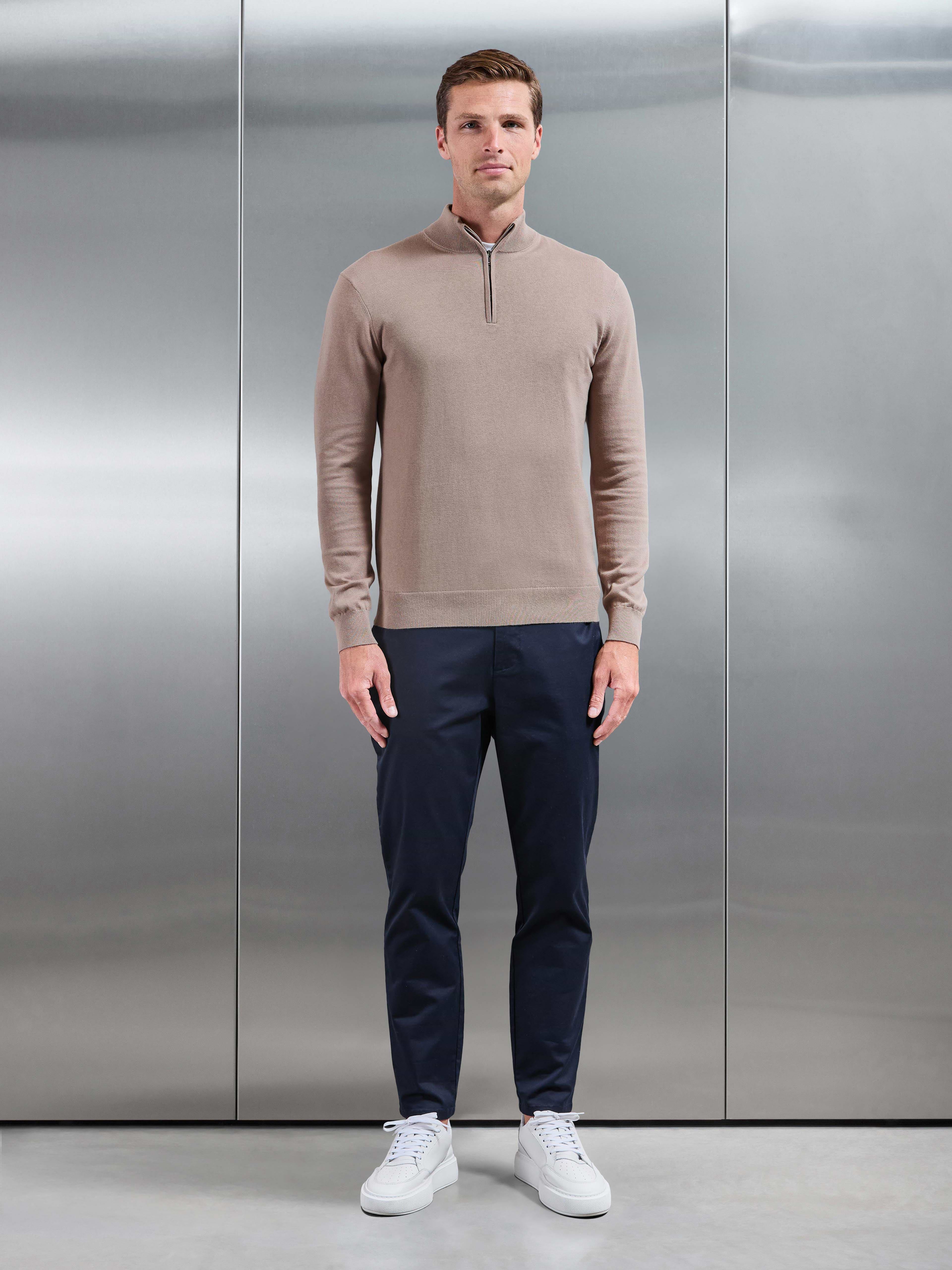 Cotton Knitted Half Zip Jumper in Taupe