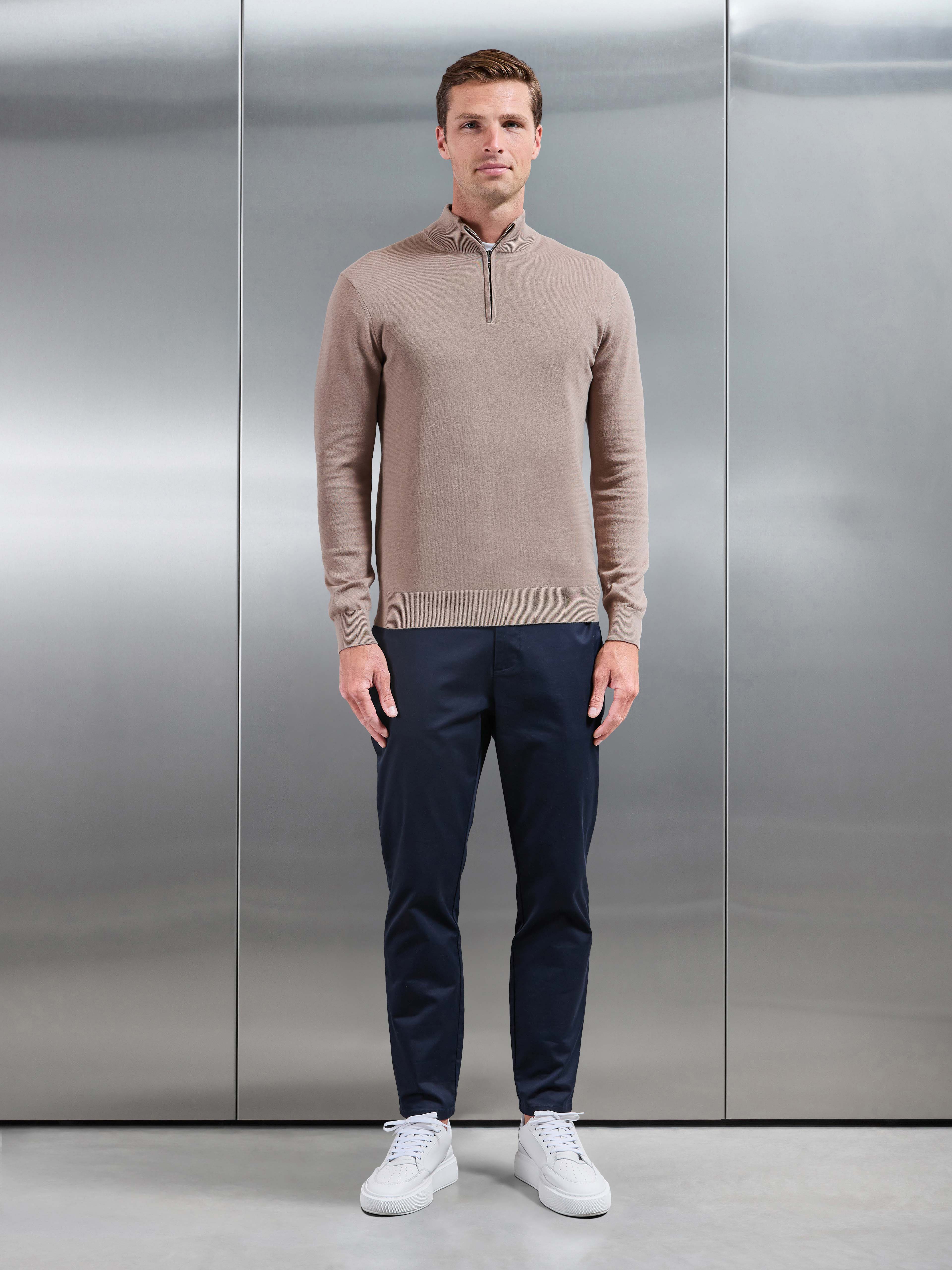 Cotton Knitted Half Zip Jumper in Taupe