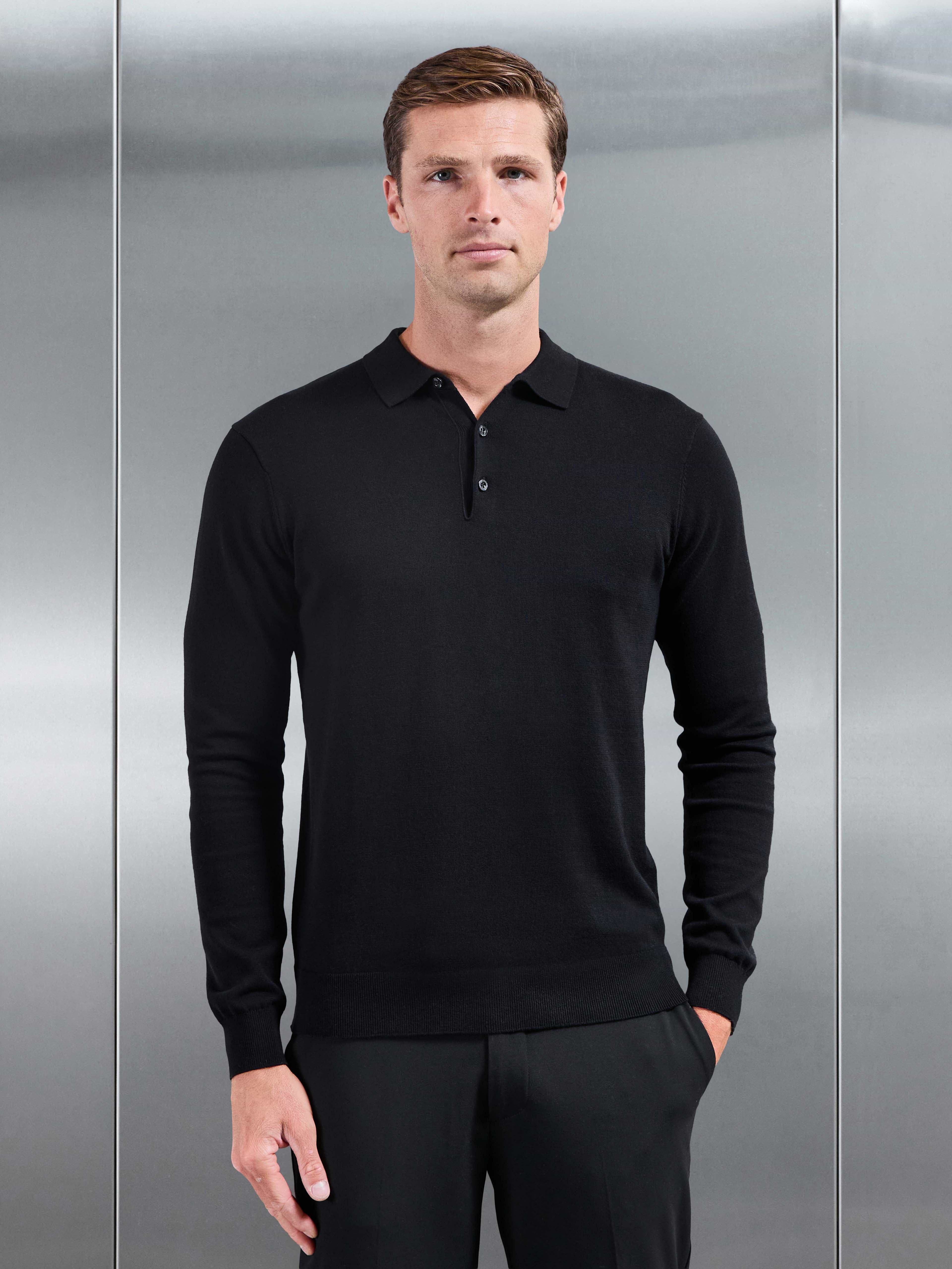 Cotton Knitted Long Sleeve Button Polo Shirt in Black