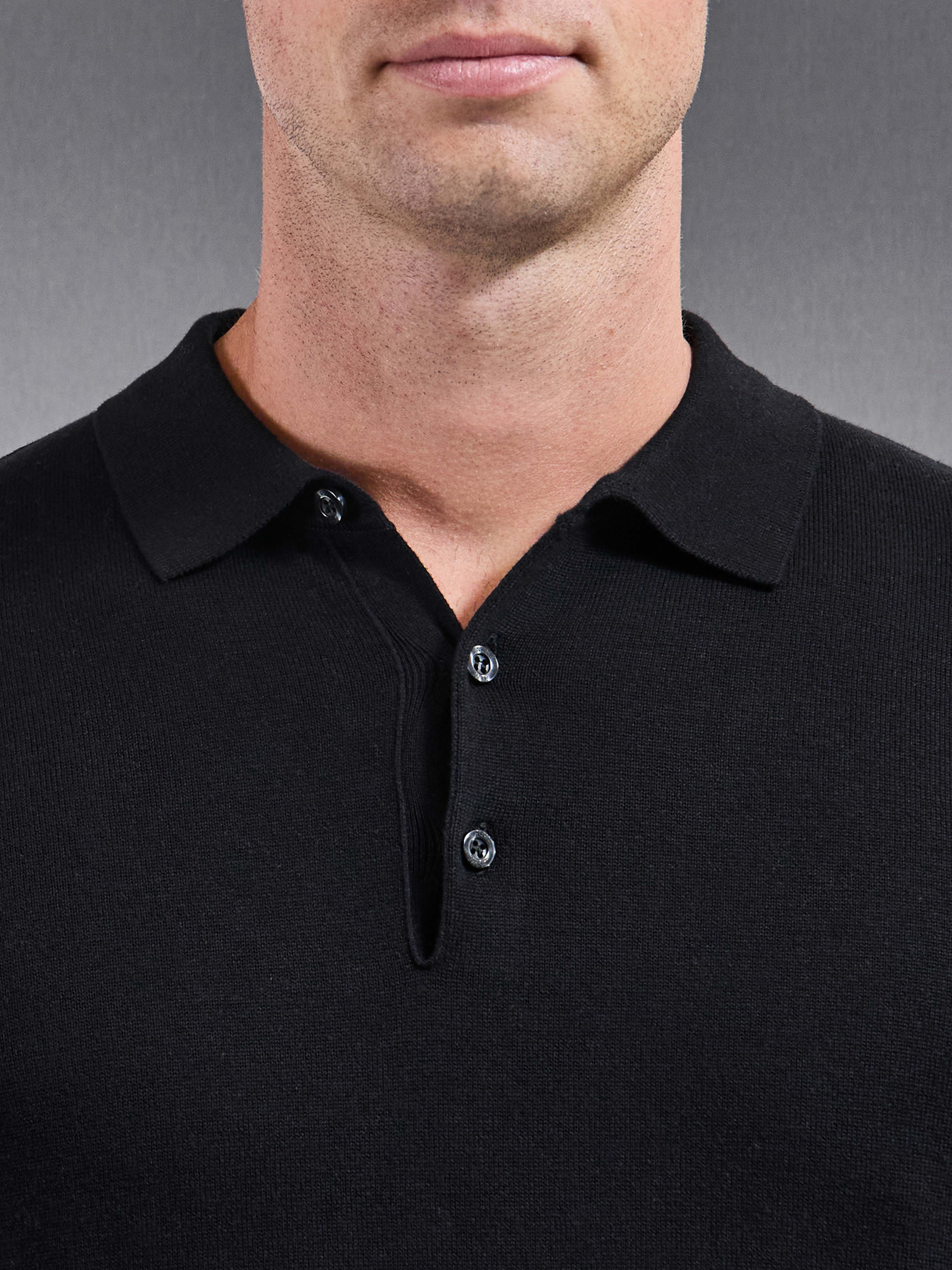 Cotton Knitted Long Sleeve Button Polo Shirt in Black
