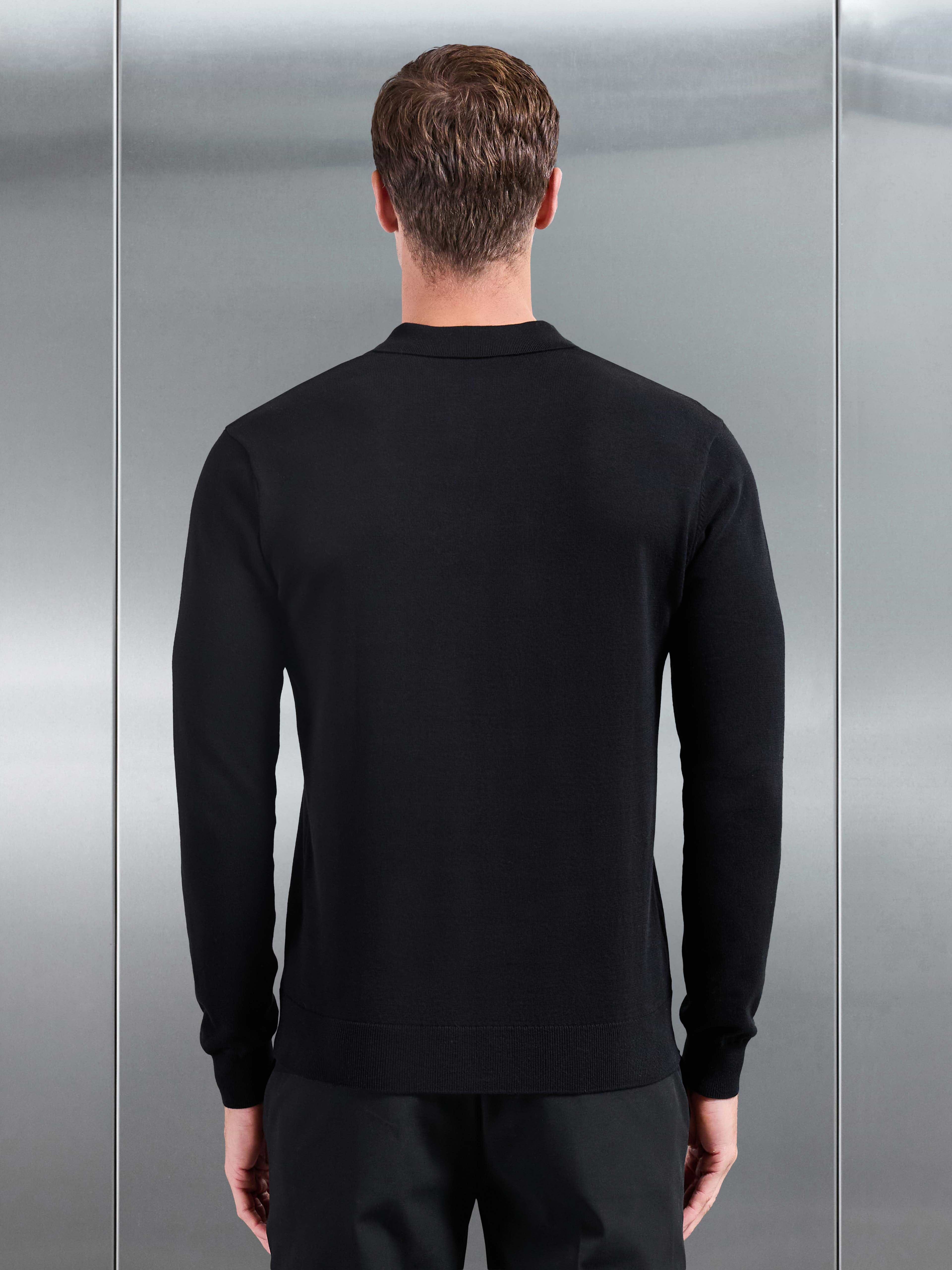 Cotton Knitted Long Sleeve Button Polo Shirt in Black