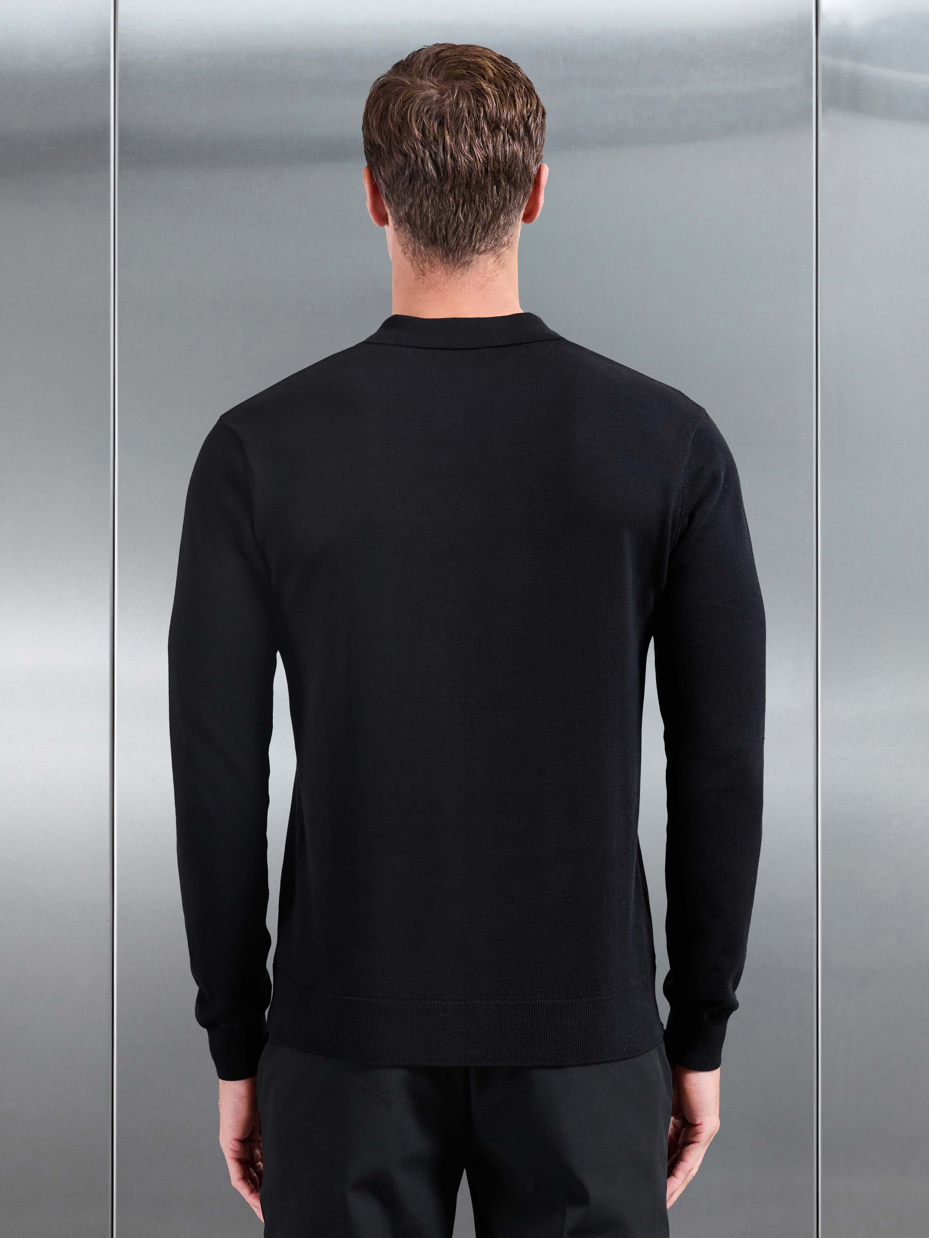 Cotton Knitted Long Sleeve Button Polo Shirt in Black